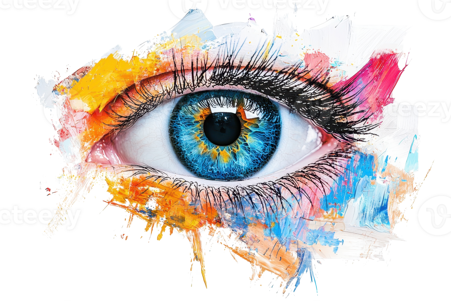 Vibrant artistic eye illustration with colorful abstract splashes and detailed blue iris, blending art and realism in a stunning visual. png