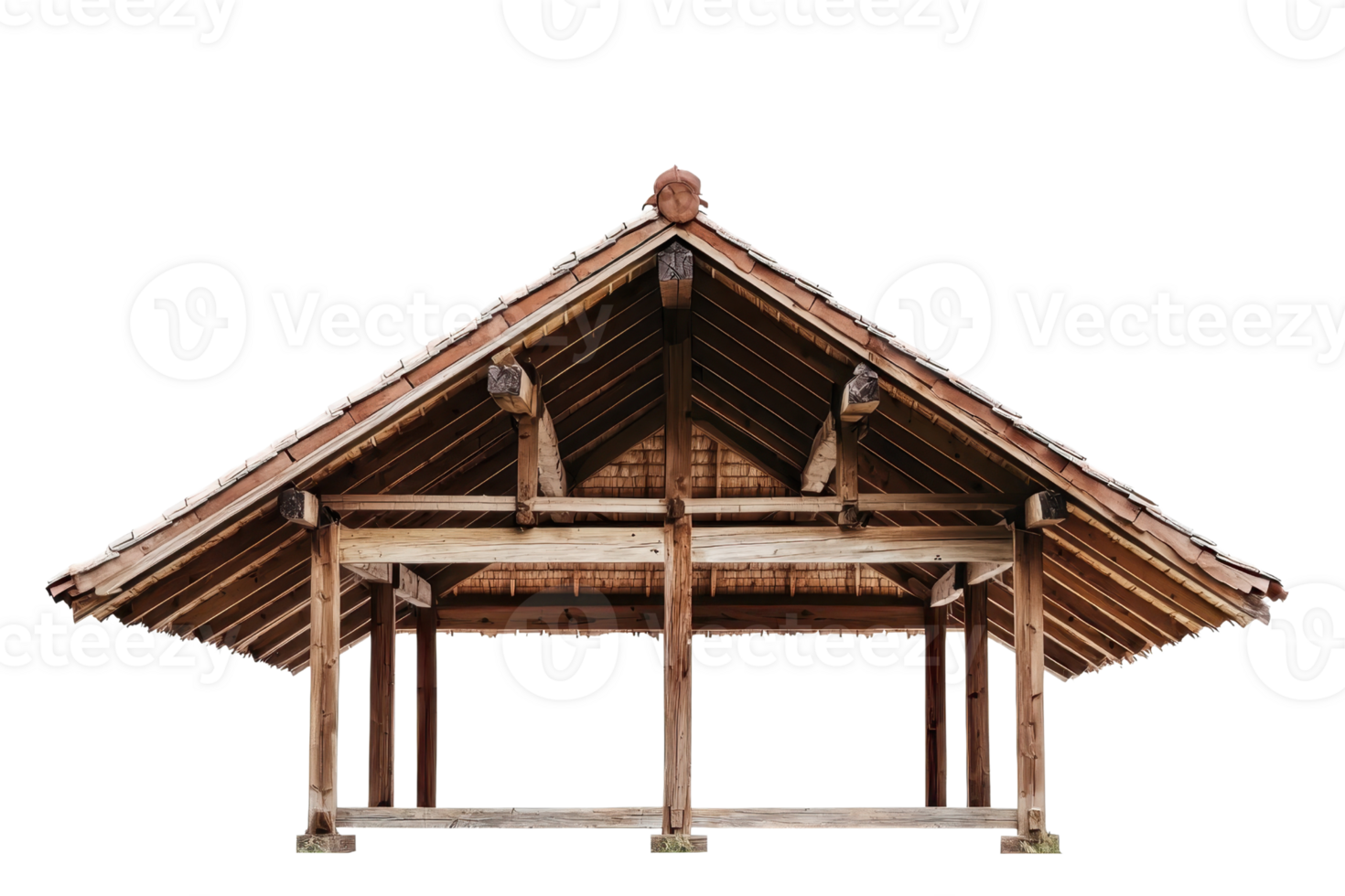 Traditional wooden gazebo with a sloped roof, showcasing intricate craftsmanship and natural design, perfect for outdoor spaces and gardens. png