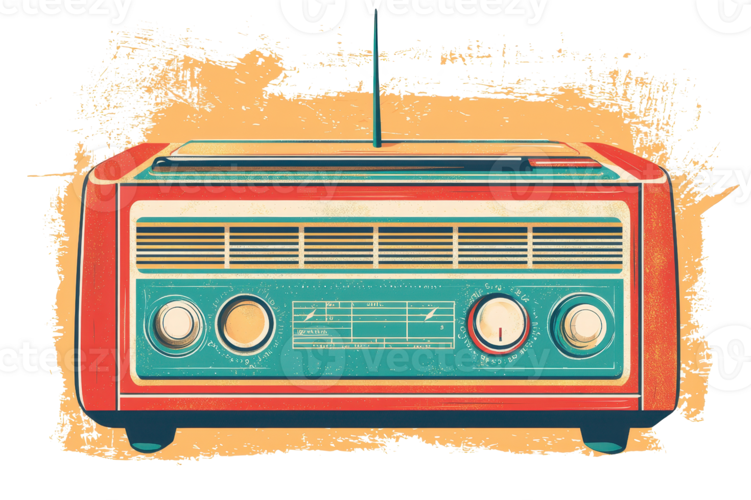 Vintage retro radio illustration with vibrant colors on a textured background, evoking nostalgia and classic design. png