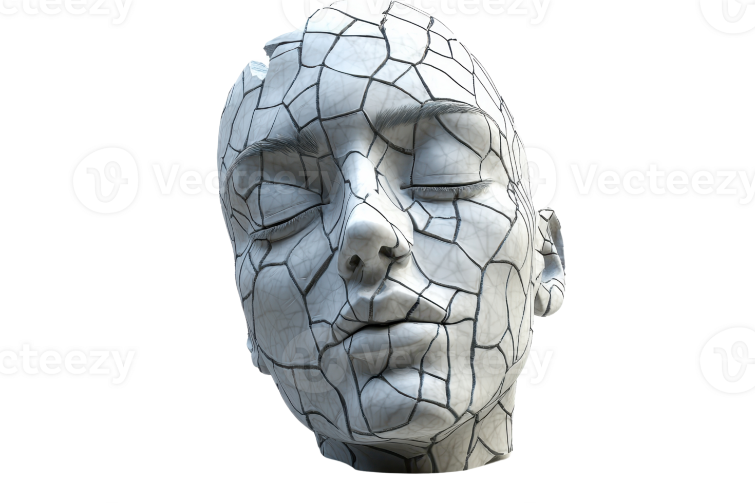 A serene stone sculpture head with visible cracks and a calm facial expression, symbolizing strength, resilience, and beauty in imperfection. png