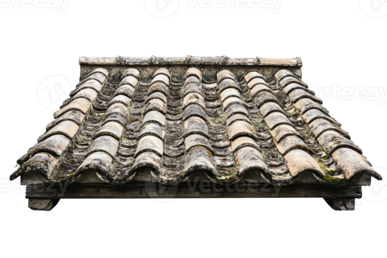 Weathered ceramic roof tiles with lichen growth. Rustic texture and wavy design. Perfect for architectural or historical themes. png
