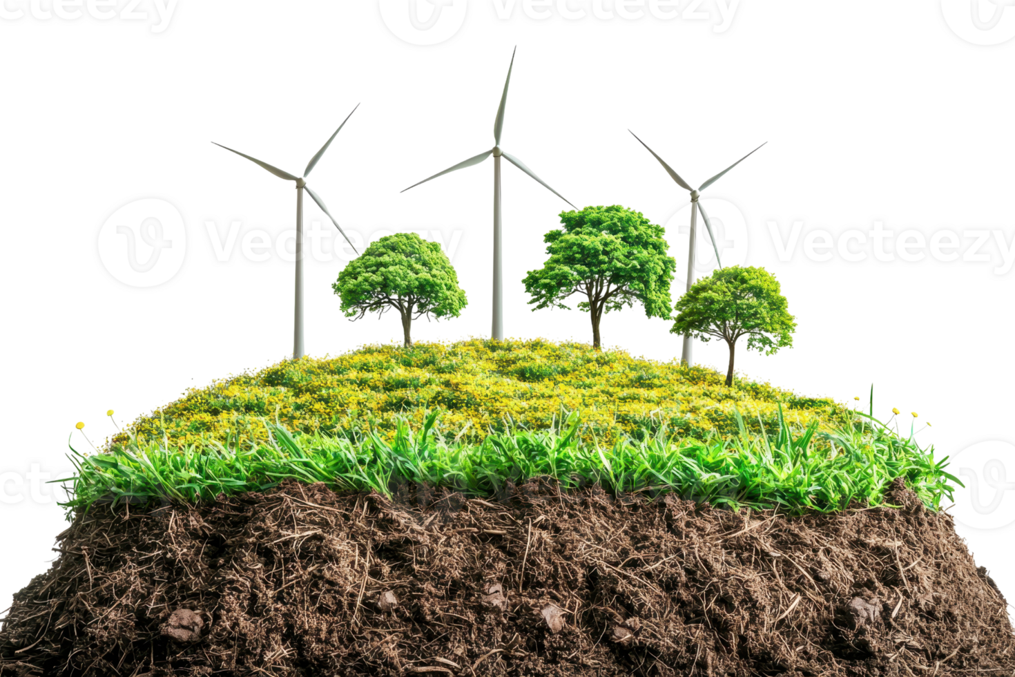 Wind turbines on a grassy hill with trees, representing renewable energy and clean power generation, eco-friendly landscape concept. png