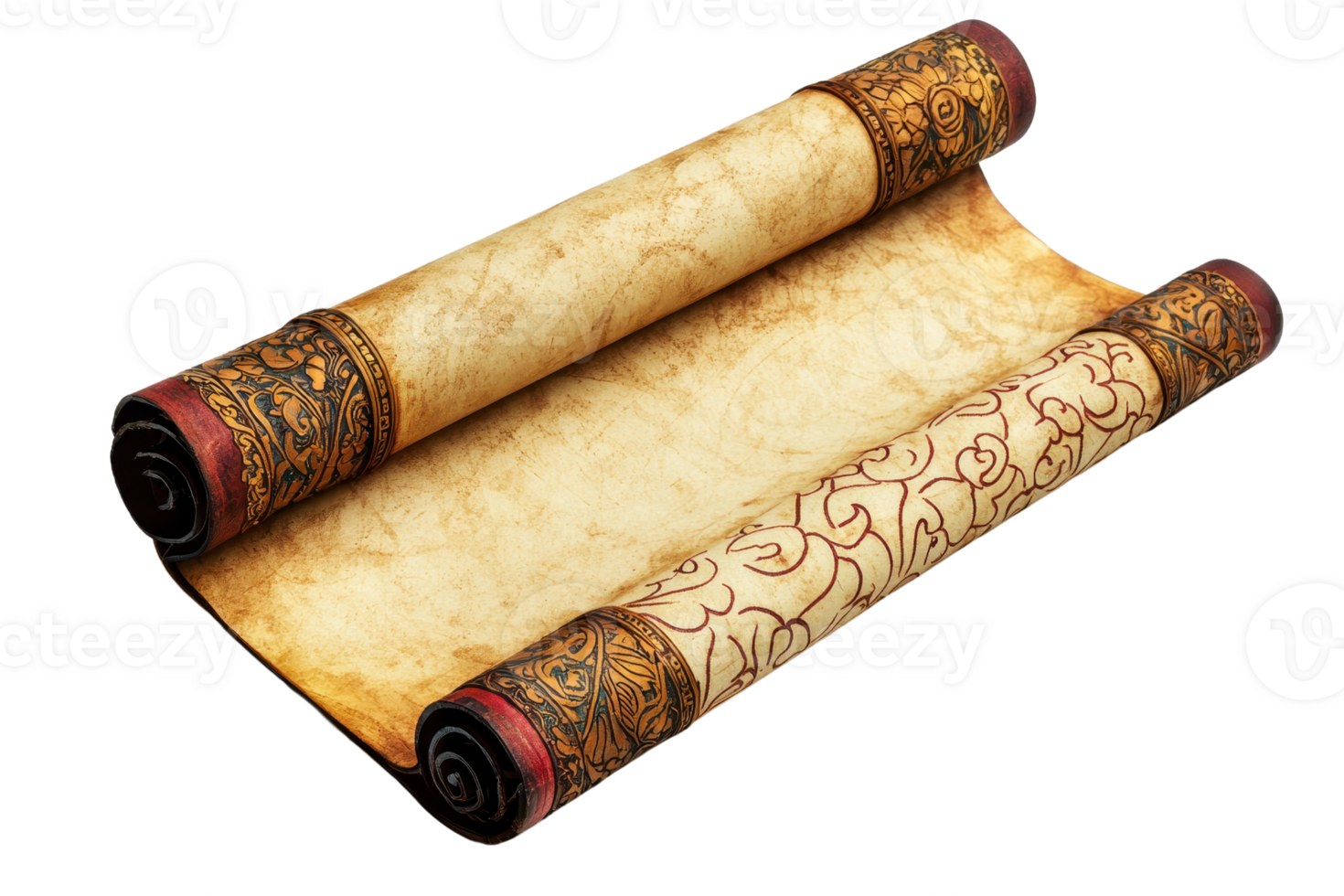 Vintage scroll with intricate details and ornate design, ideal for historical or fantasy themed projects, evoking a sense of antiquity and mystery. png