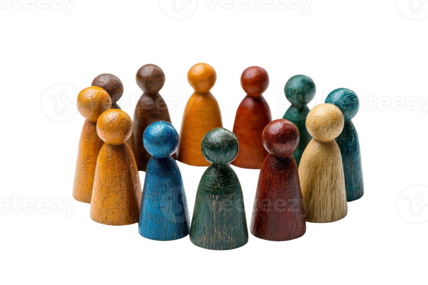 A group of colorful wooden figurines arranged in a circle, symbolizing unity, teamwork, and collaboration. png