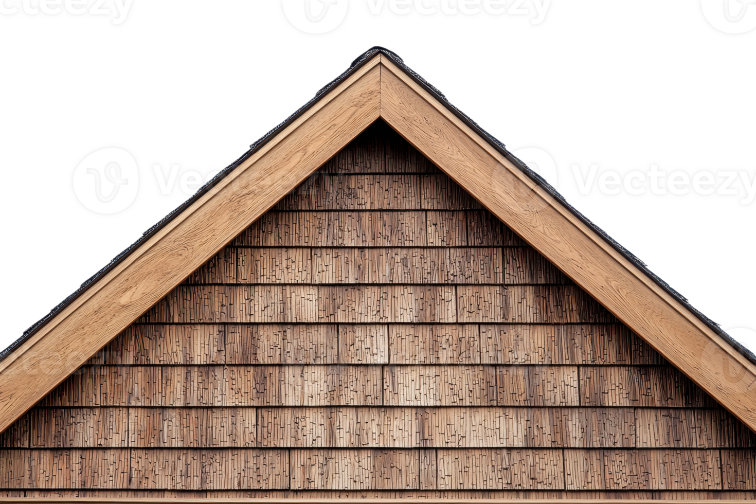 A close-up photo of a wooden roof gable with shingle siding, showcasing rustic architectural design and craftsmanship. png