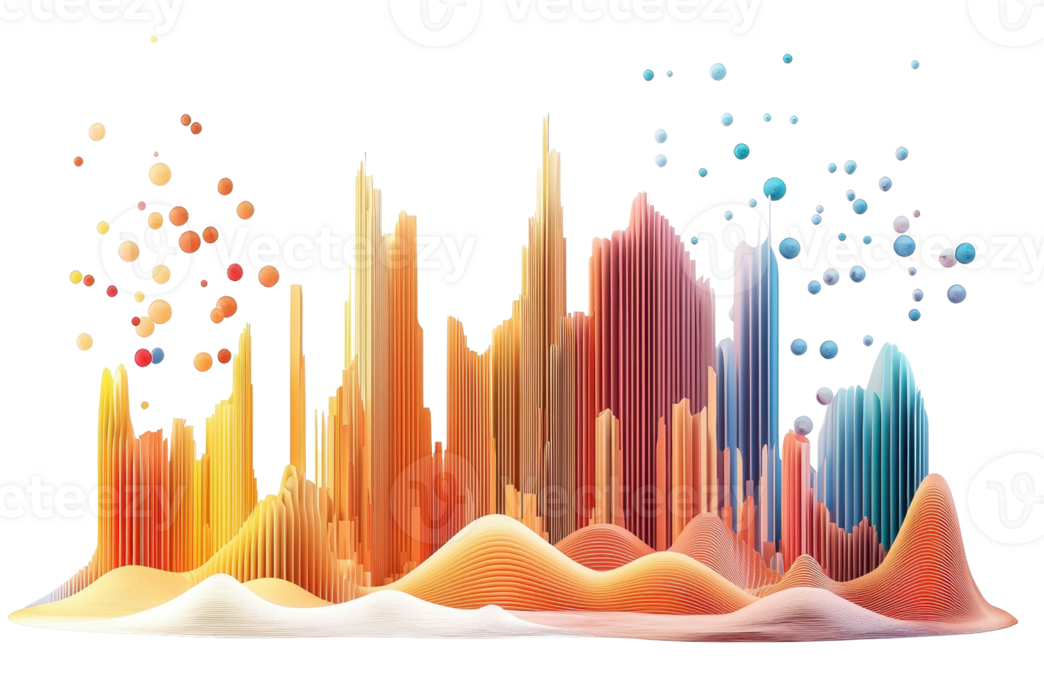 Abstract data visualization graph with colorful 3D shapes and bubbles representing statistical information and analytics. png