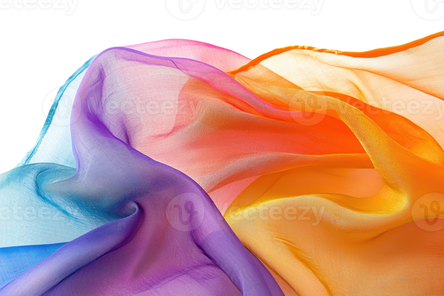Vibrant, colorful fabric flowing dynamically, showcasing a beautiful gradient from purple to orange. Perfect for backgrounds or artistic projects. png