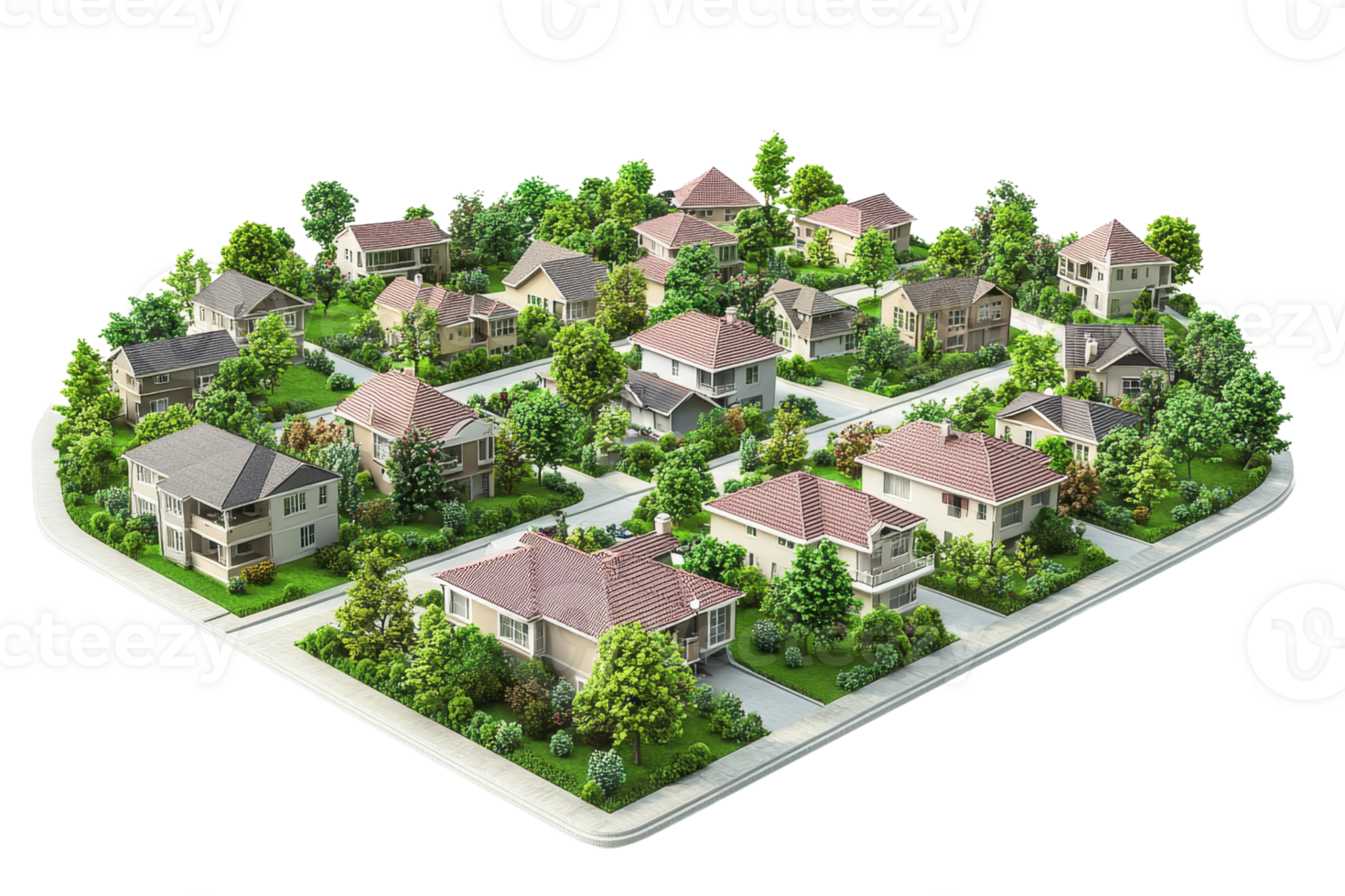 A detailed 3D render of a suburban neighborhood with lush green spaces, well-maintained houses, and clean streets on a sunny day. png
