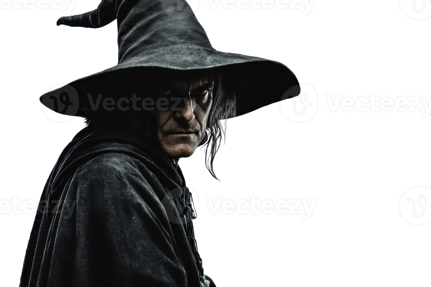 A mysterious man wearing a dark cloak and hat, resembling a wizard or dark sorcerer, creating an eerie and magical atmosphere. png