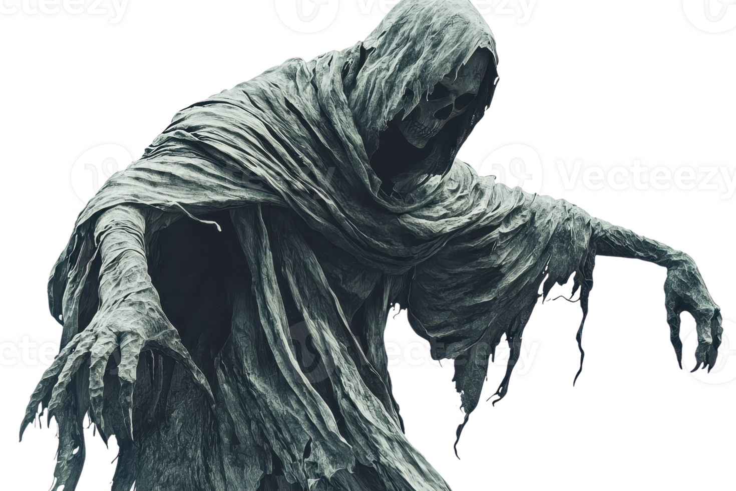 A hooded, faceless spectral figure dressed in tattered robes, reaching out with skeletal hands, emanating an eerie, ghostly aura. png