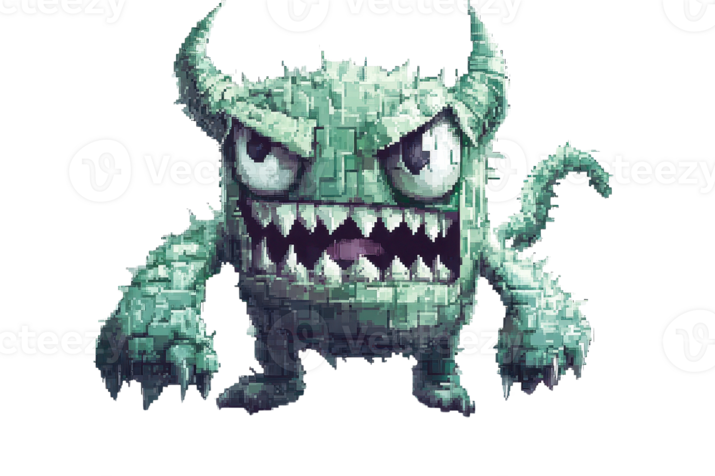 A digitally illustrated pixel art monster with sharp teeth and an angry expression, perfect for game designs or Halloween themes. png