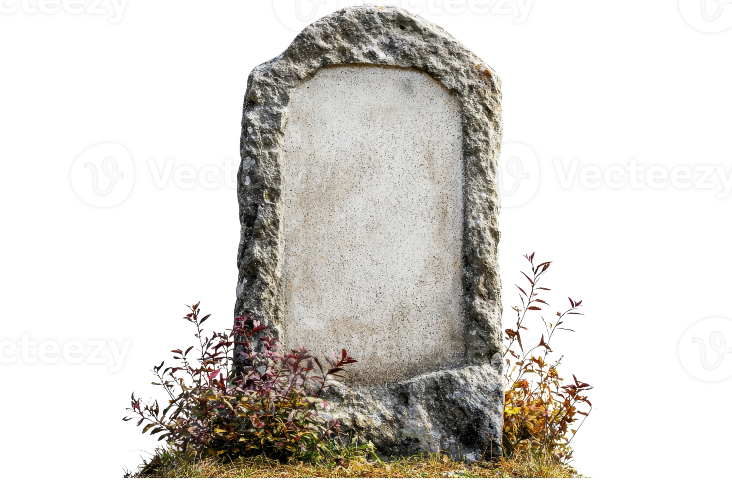 A weathered stone tombstone surrounded by wild plants, ideal for use in historical, memorial, or spooky themed projects. png