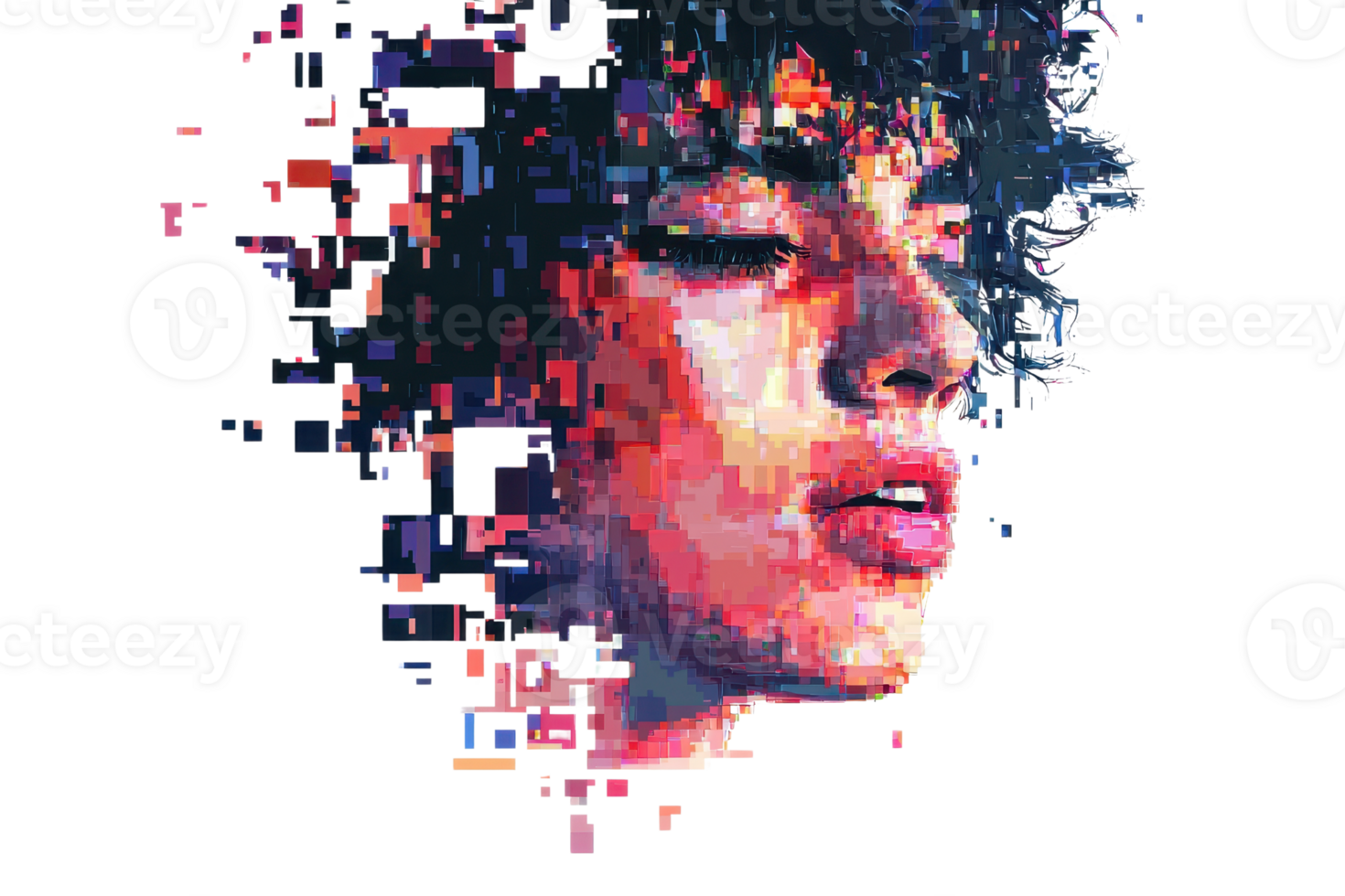 Abstract digital portrait of a young person with pixelated effects, vibrant colors and artistic expression. png