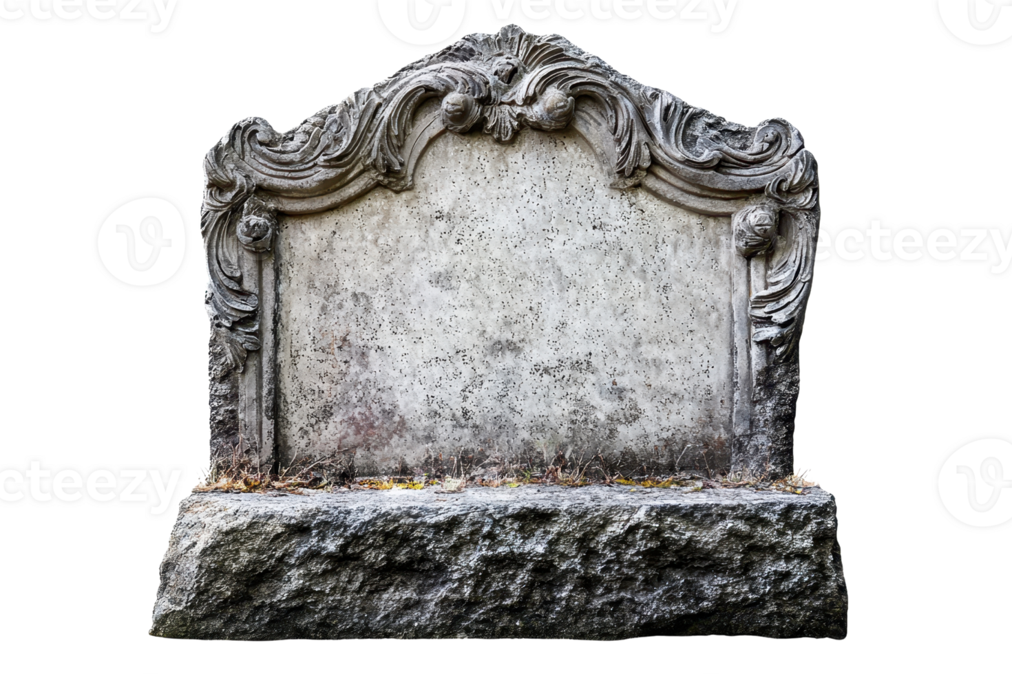 Weathered tombstone with intricate carvings symbolizes reflection and remembrance, ideal for themes of history, mortality, or ancestry. png