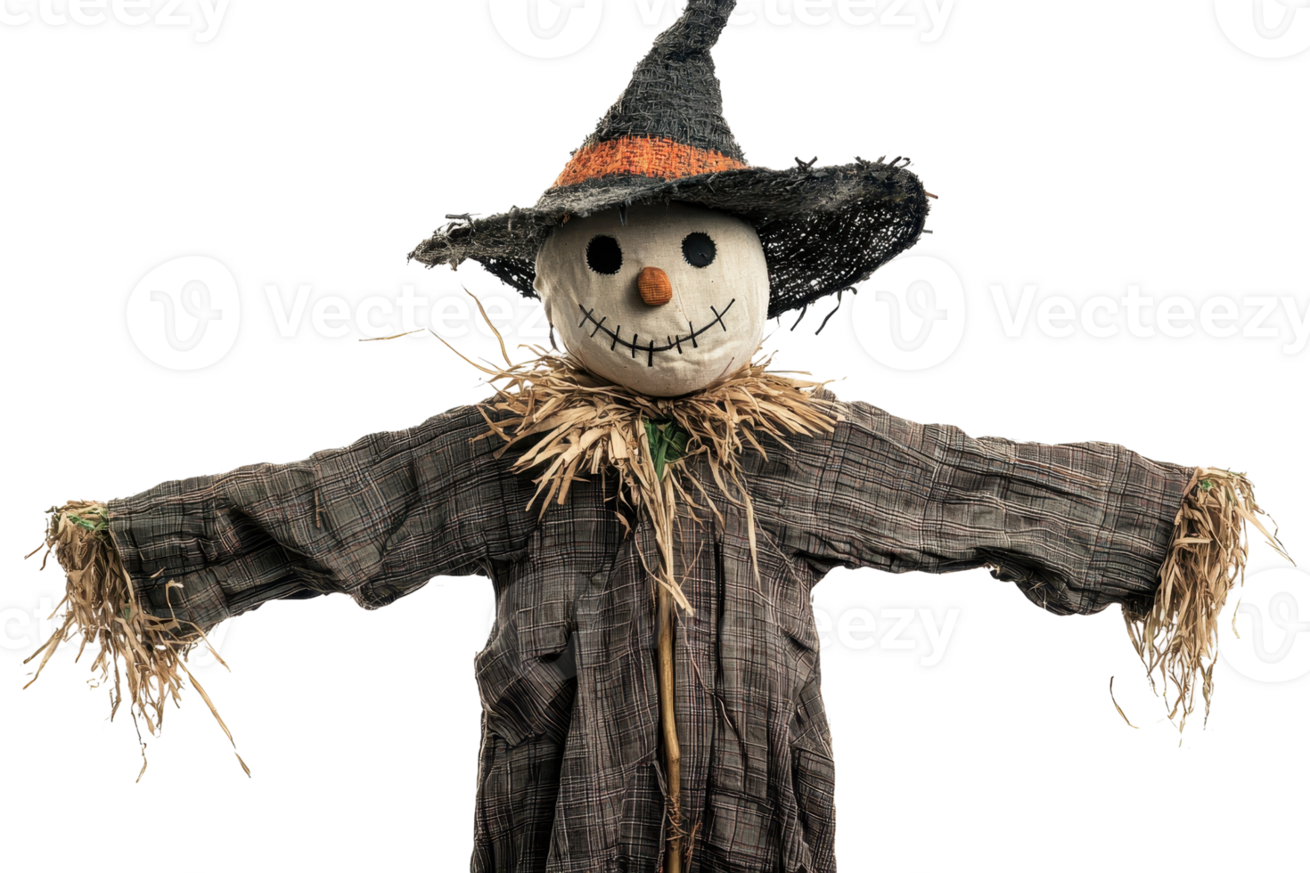 Close-up of a traditional scarecrow with a friendly face and straw hat, perfect for autumn or Halloween themed designs. png