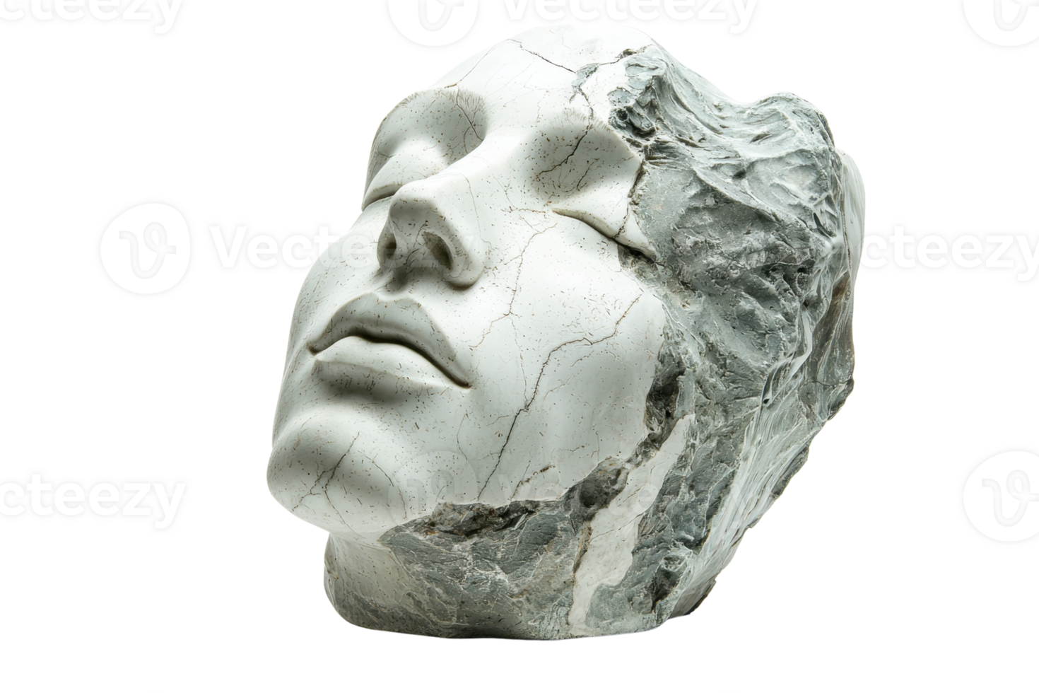Close-up of a weathered stone sculpture depicting a serene human face with cracked details, symbolizing beauty and imperfection. png