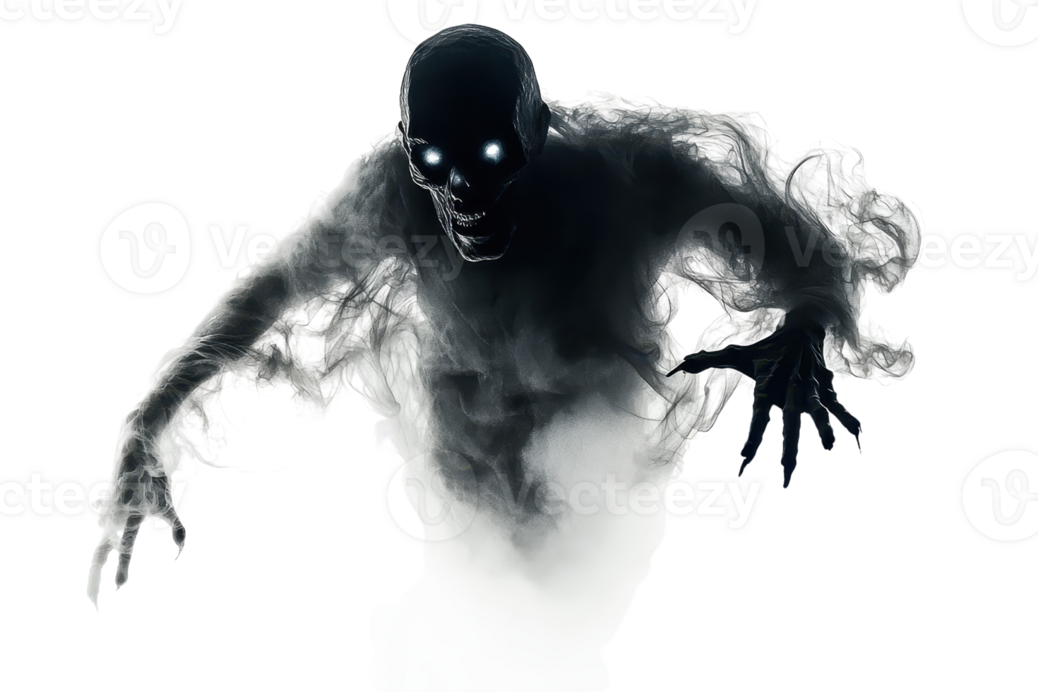 Dark ghostly figure with glowing eyes emerging from smoke or mist, perfect for Halloween or horror themes. png