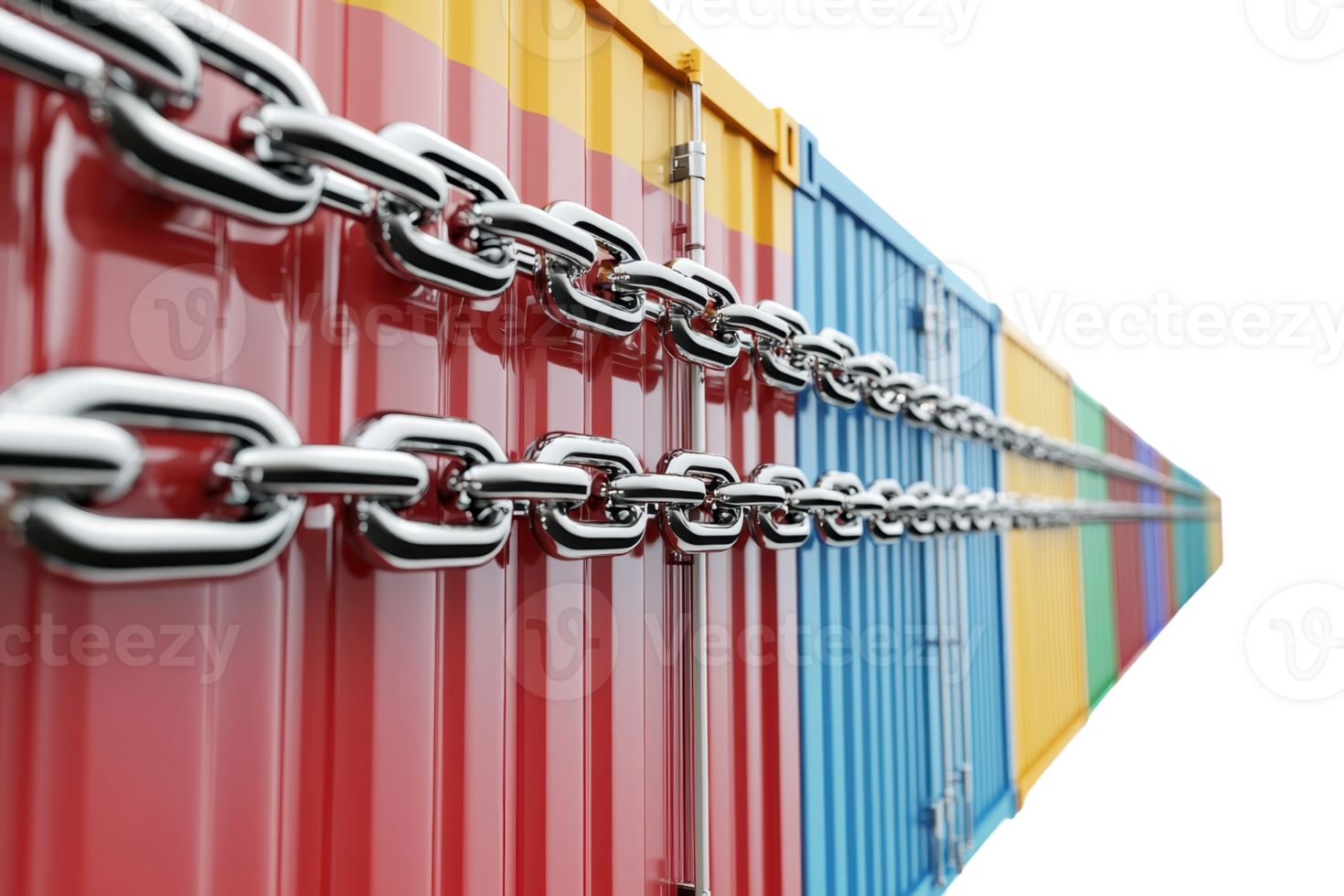 Close-up view of colorful shipping containers secured with chains, emphasizing security and logistics. png