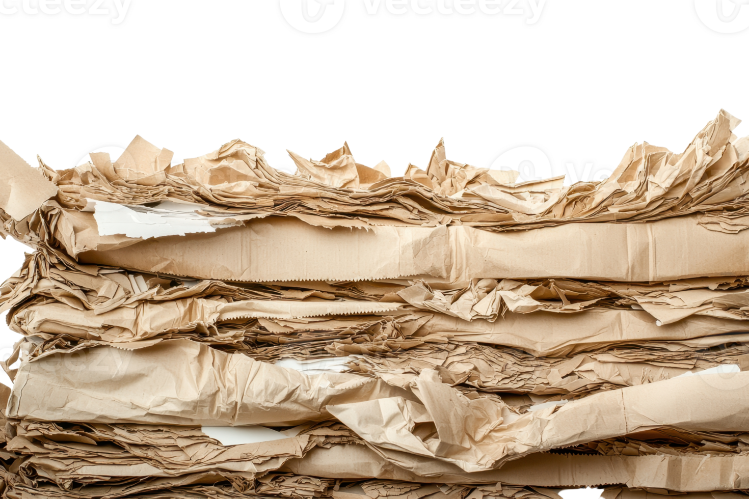 Close-up of crumpled brown paper sheets stacked together, showcasing texture and pattern, perfect for recycle and environmental themes. png
