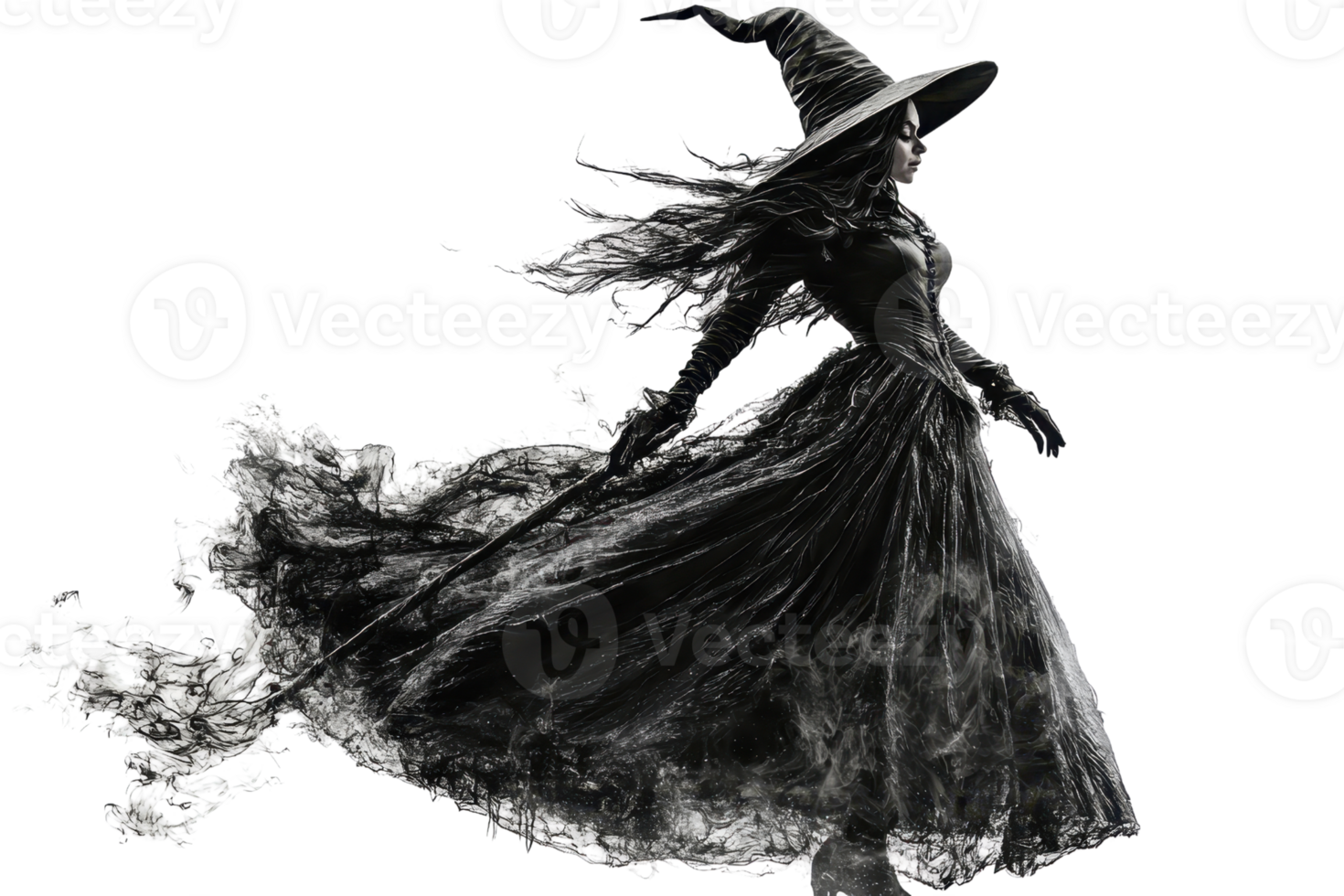 Digital art of a mystical witch in a flowing black dress and hat, exuding dark magic and mystery with a smoky effect. png