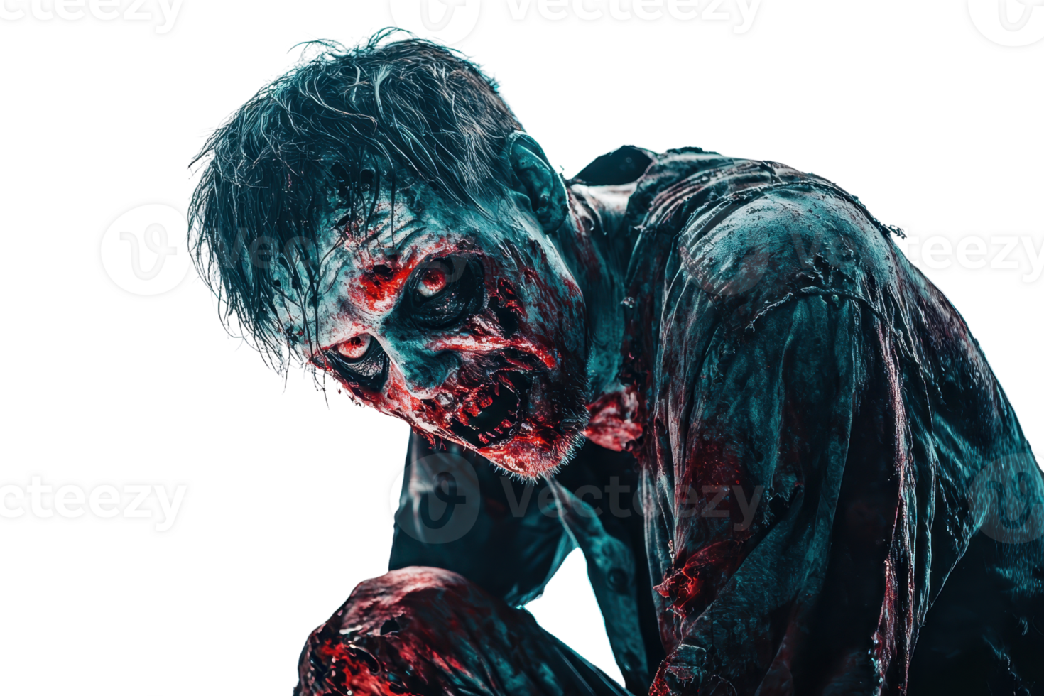 Creepy zombie with a distressed, decaying face and bloodied clothing, perfect for horror, Halloween, and thriller themes. png