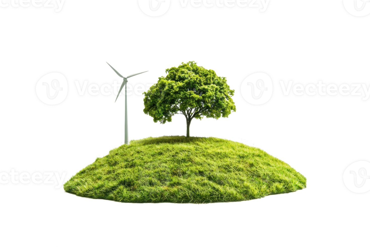 Eco-friendly concept with a wind turbine and a tree on a grassy hill, representing sustainable energy and environmental conservation. png