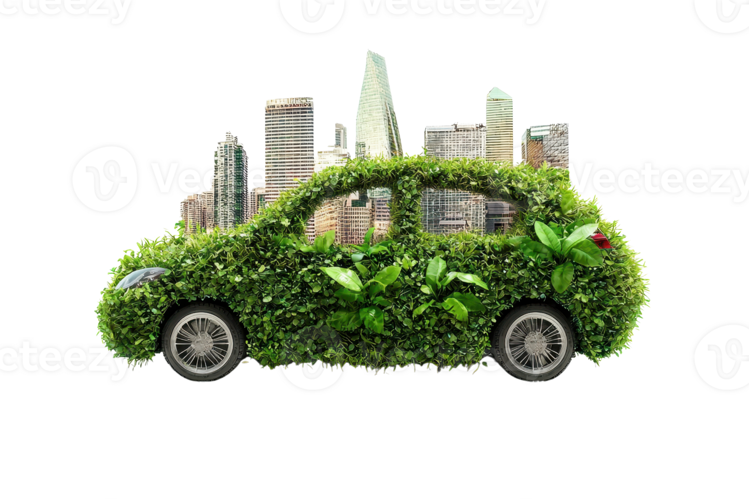 Eco-friendly car covered in green foliage with a cityscape background, representing sustainable urban mobility and environmental consciousness. png