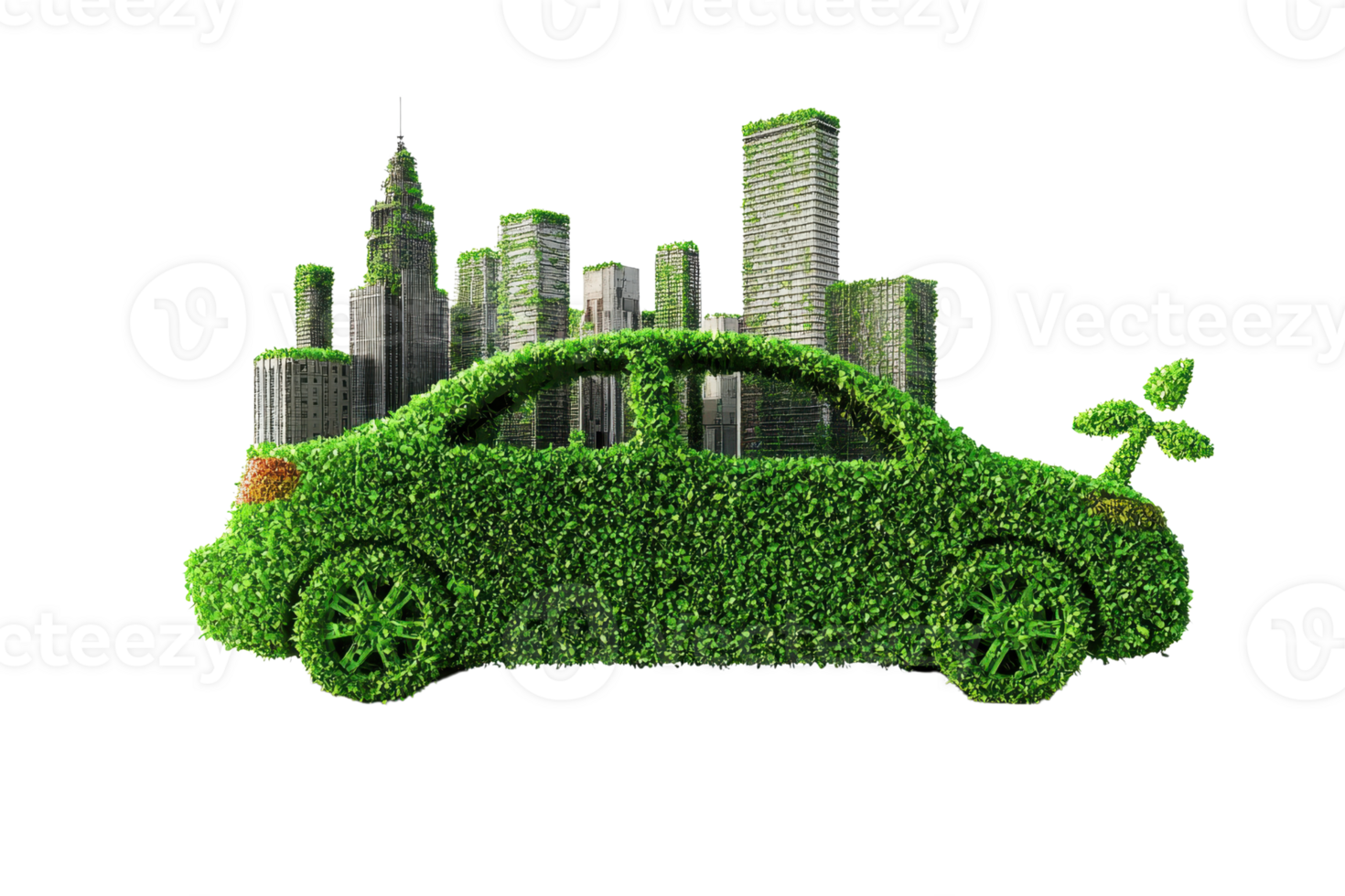 Eco-friendly car covered in green foliage with cityscape in the background, symbolizing sustainable urban transportation. png