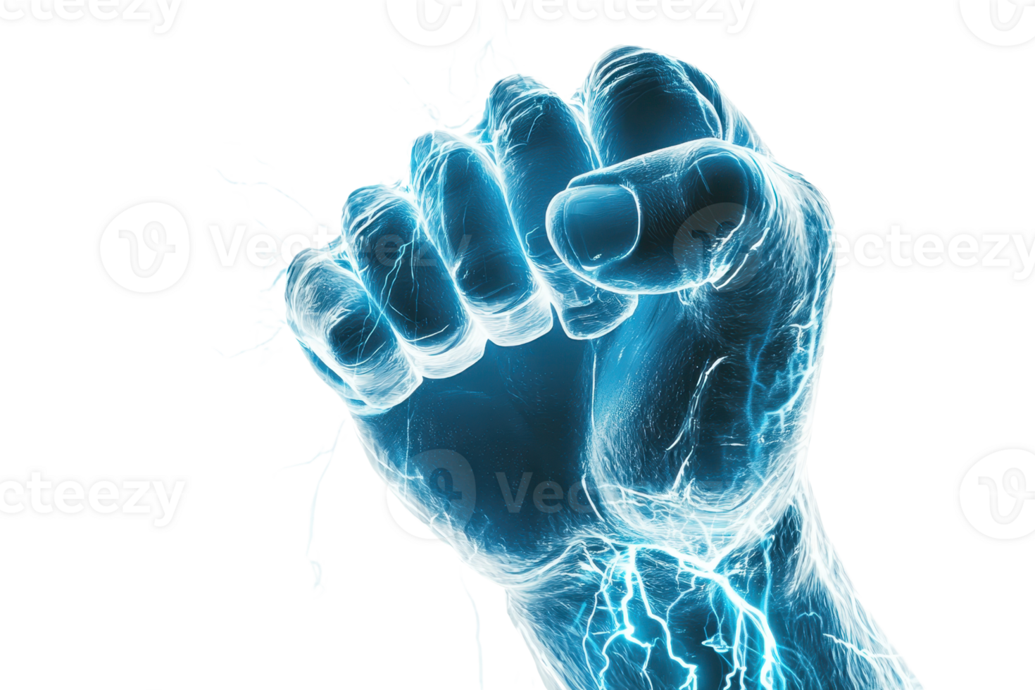 Electrifying blue fist glowing with energy, representing power, strength, and dynamic action. Perfect for technology, energy, and futuristic concepts. png