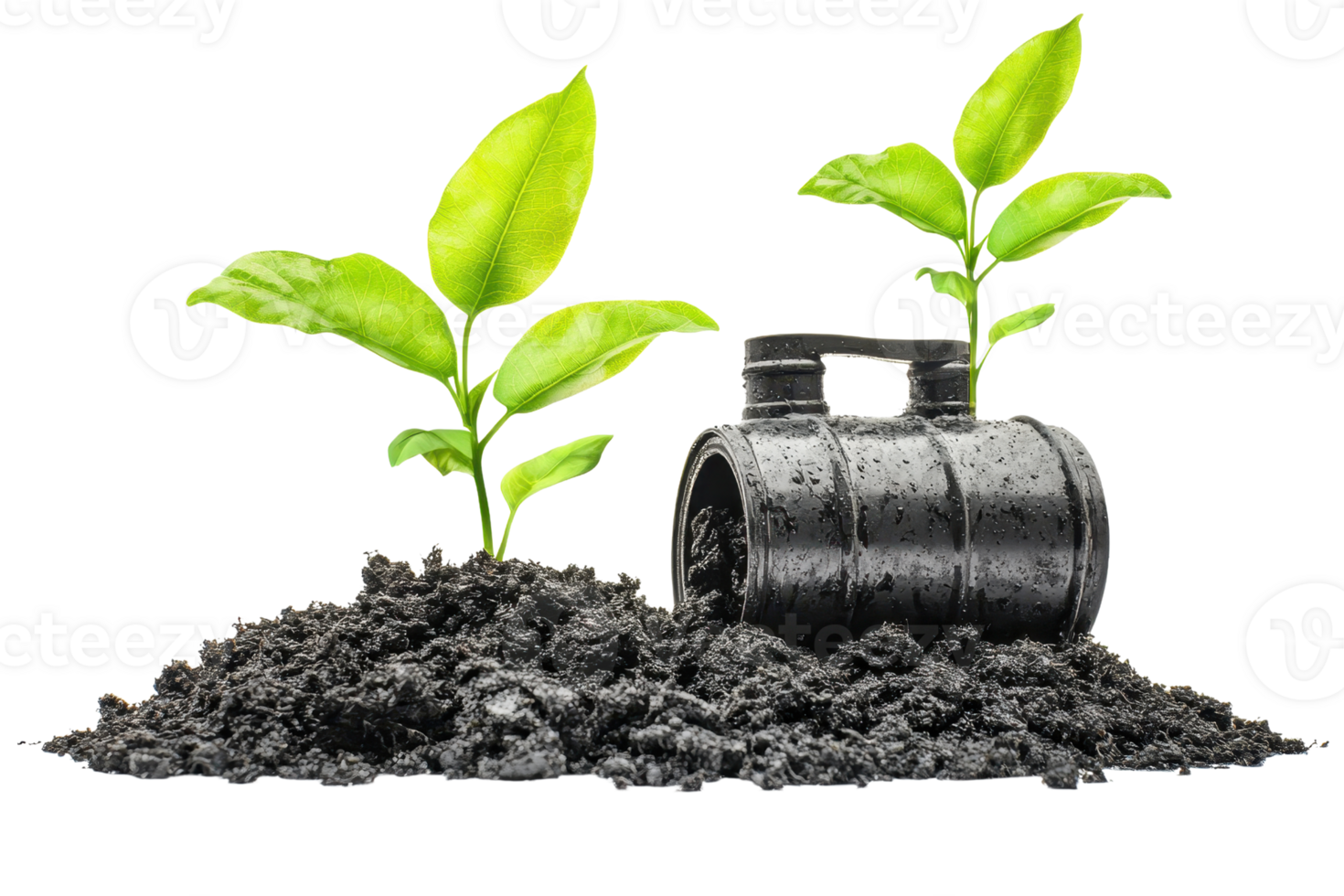 Conceptual image showing plant growth amidst oil barrel, symbolizing renewable energy over fossil fuels for environmental sustainability. png