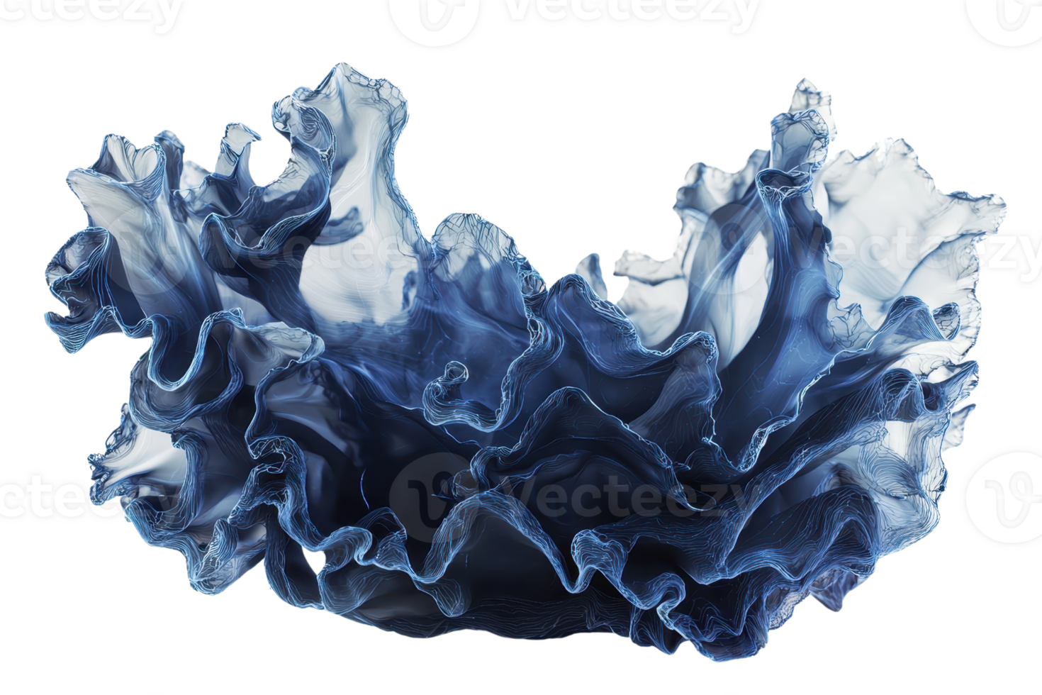 Elegant blue ink swirl in water resembling flowing fabric or smoke, creating an abstract and fluid shape. png