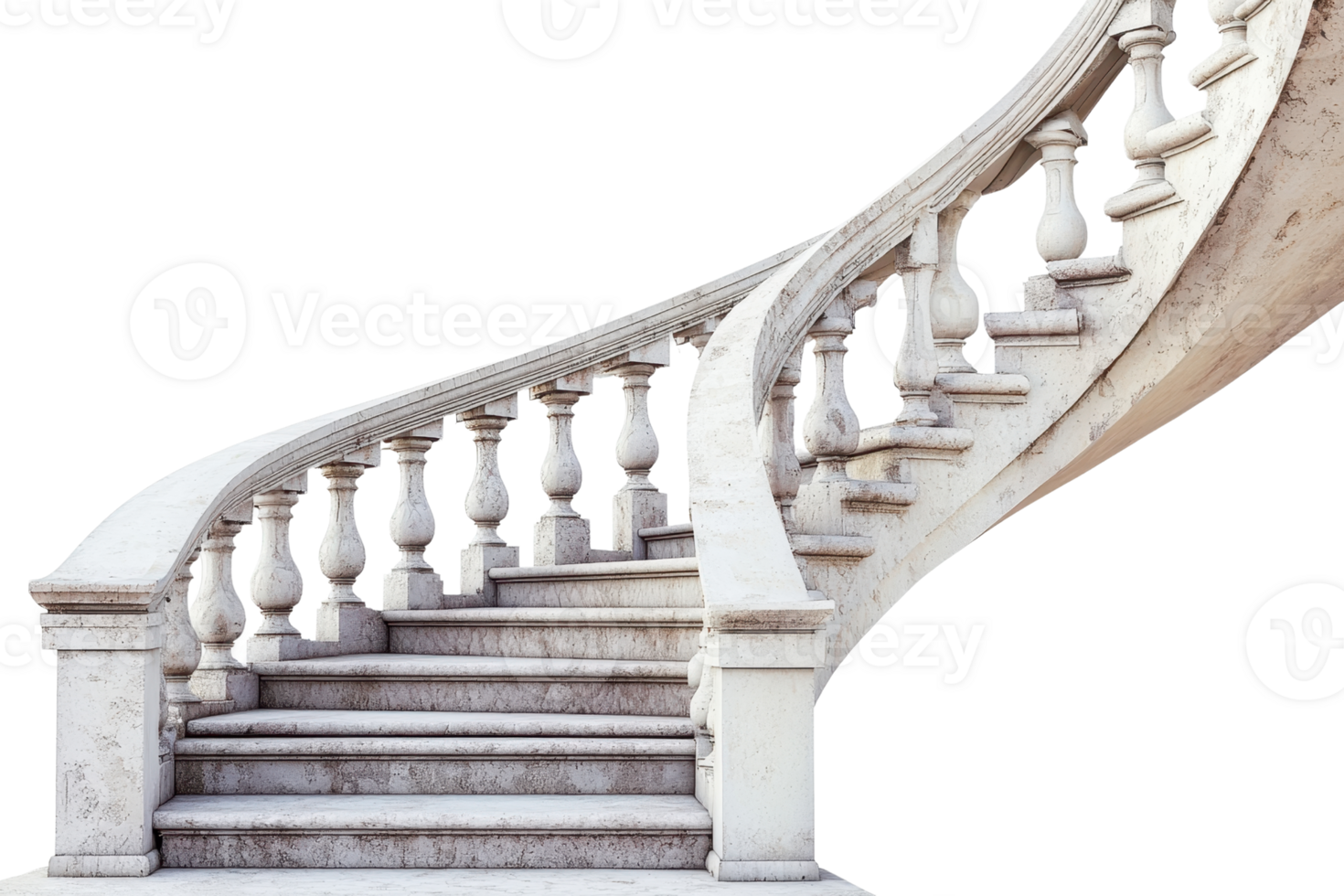 Elegant curved marble staircase with ornate balustrade, showcasing beautiful stone craftsmanship and architectural design. png