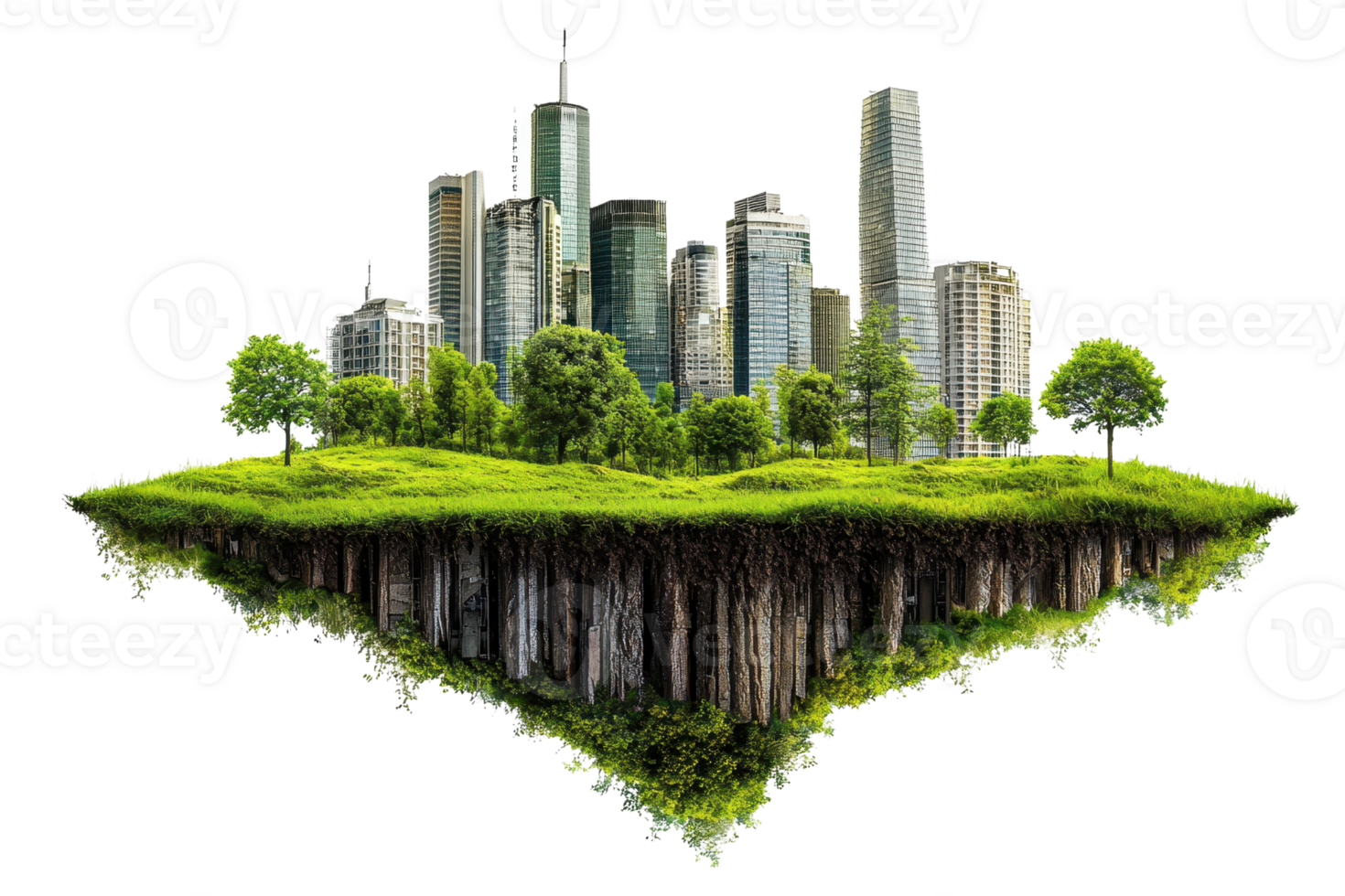 Floating cityscape blending urban architecture with lush greenery, showcasing harmony between city life and nature. png