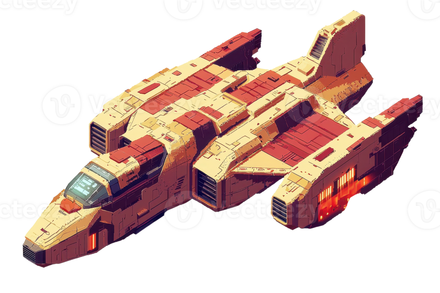 Futuristic spaceship illustration in retro pixel art style. Colorful, detailed, and designed for science fiction concepts and game assets. png