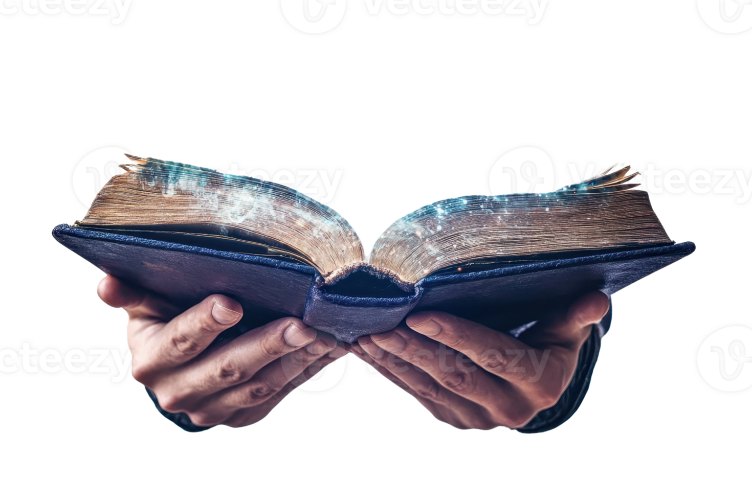 Hands holding an open old book with a magical, dreamy glow, symbolizing knowledge, fantasy, and mystery. png