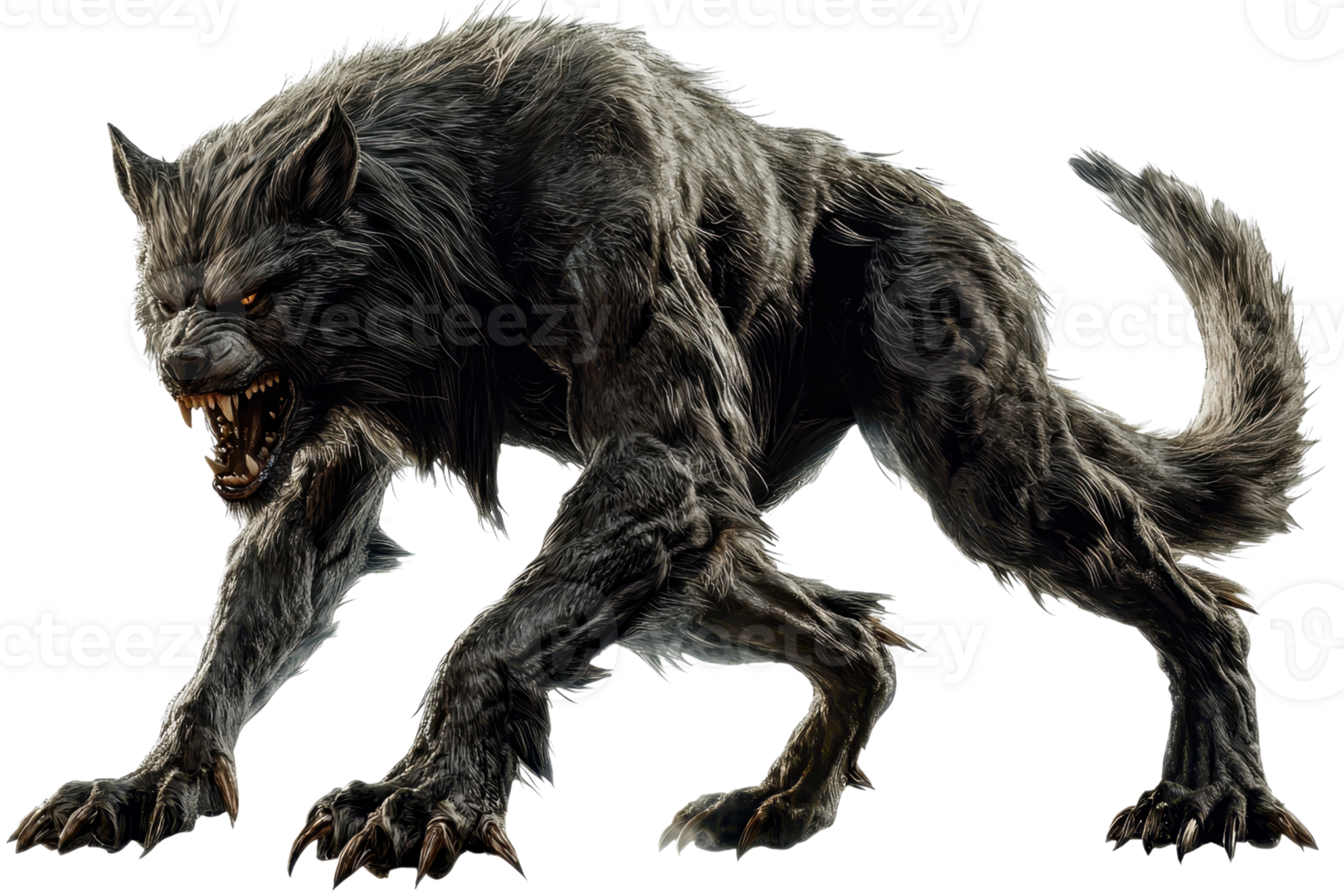 Fierce werewolf with fangs and claws, representing a mythological creature in a dynamic, aggressive pose, ideal for horror themes. png