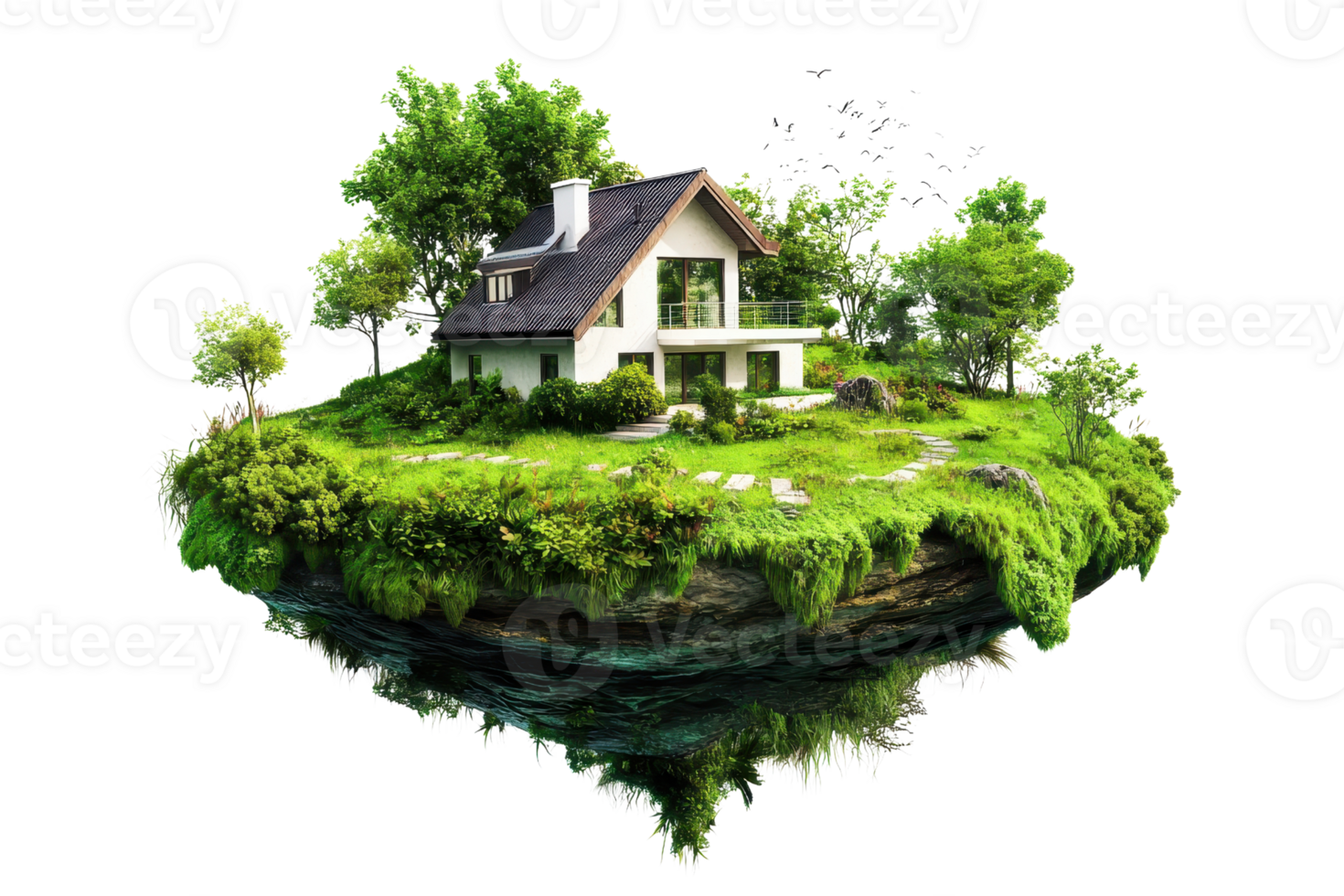 Floating house on a lush green island, surrounded by nature and greenery, depicting an idyllic and peaceful environment. png