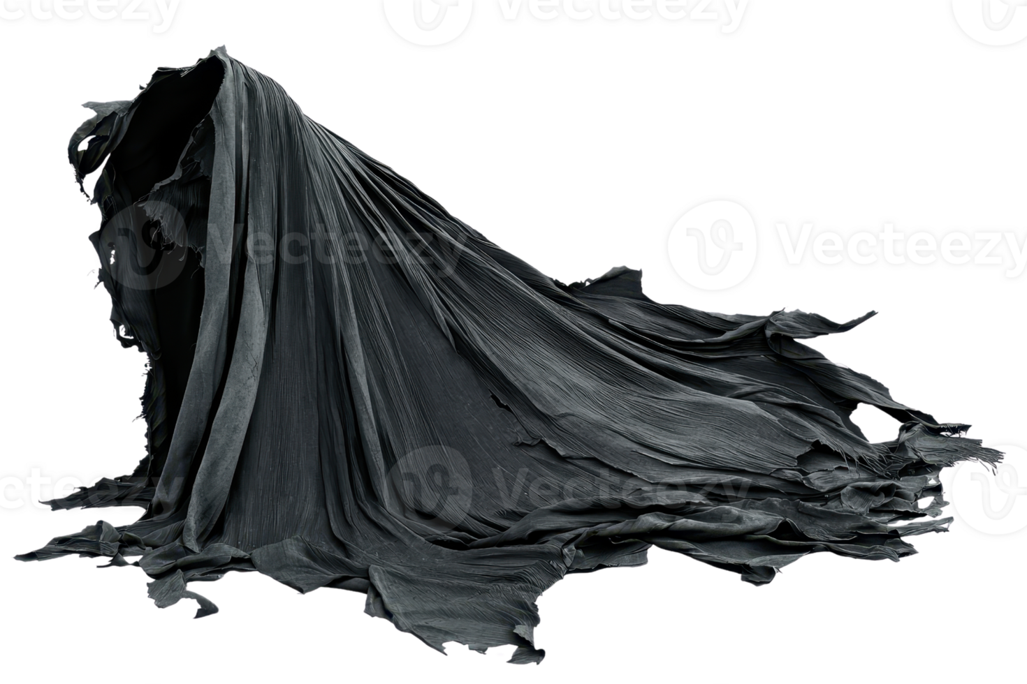 Haunting figure draped in torn black fabric, ghostly and mysterious silhouette, perfect for horror and gothic themed projects. png