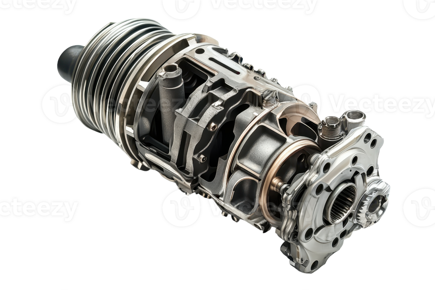 Detailed close-up of a modern mechanical component showcasing engineering precision and intricate design. png
