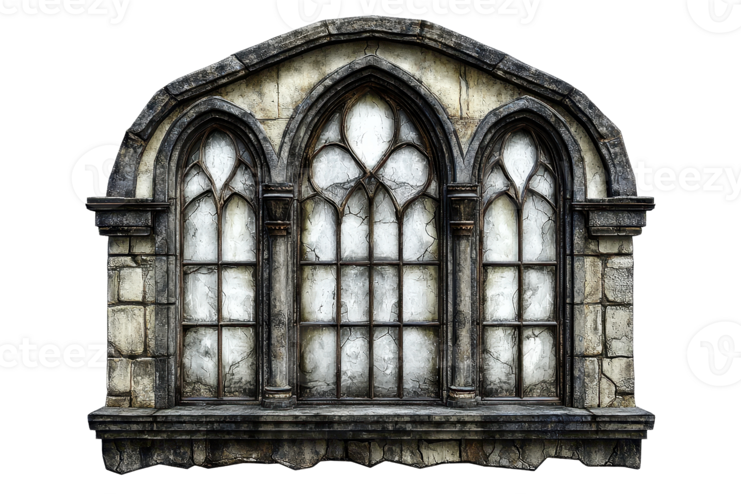 Gothic stained glass window with intricate stone details, evoking medieval architecture and historical design. png