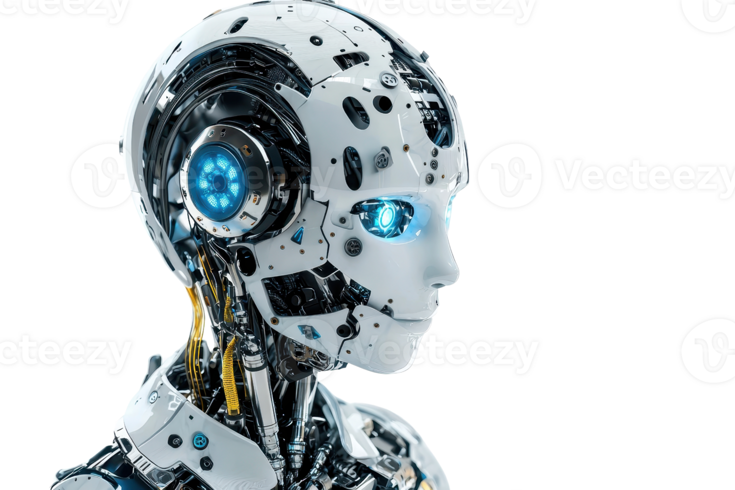 futuristische humanoid robot met blauw ogen en complex mechanisch componenten, vertegenwoordigen Geavanceerd ai technologie. kant profiel visie. png