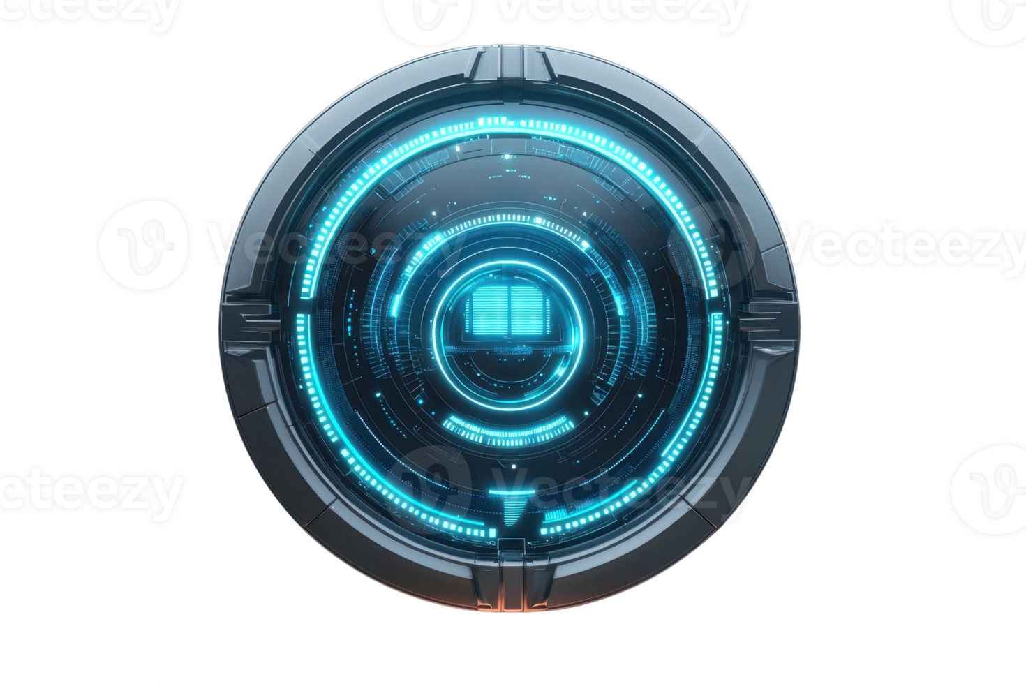 High-tech futuristic interface with circular HUD display, glowing blue digital elements. Perfect for technology, cybersecurity, or sci-fi design. png