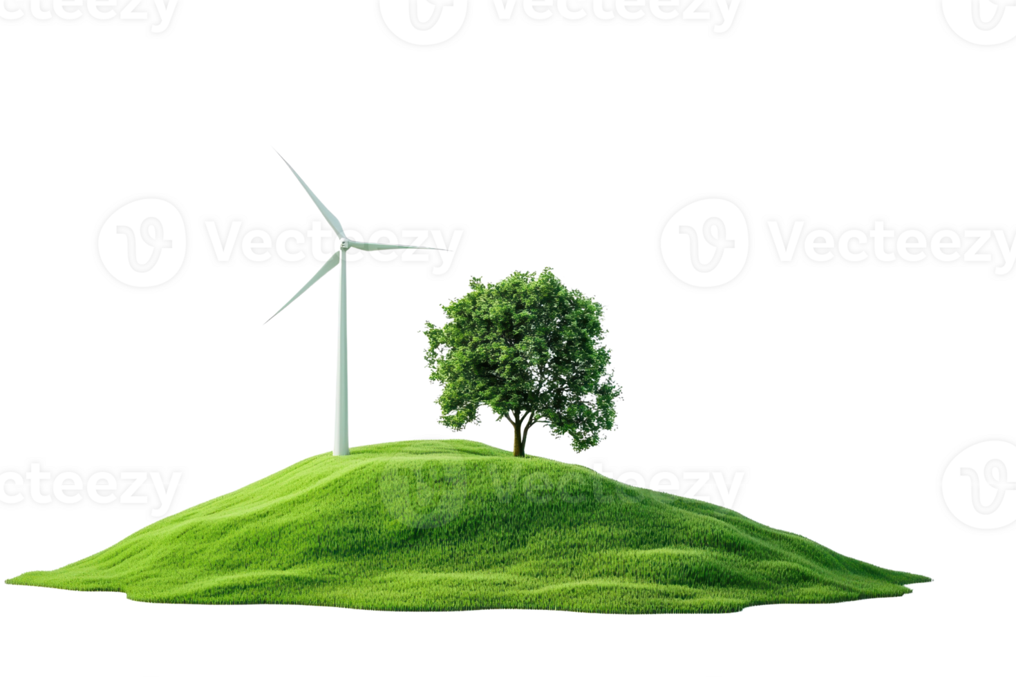 Isolated wind turbine and tree on a grassy hill, symbolizing renewable energy, sustainability, and nature conservation. png