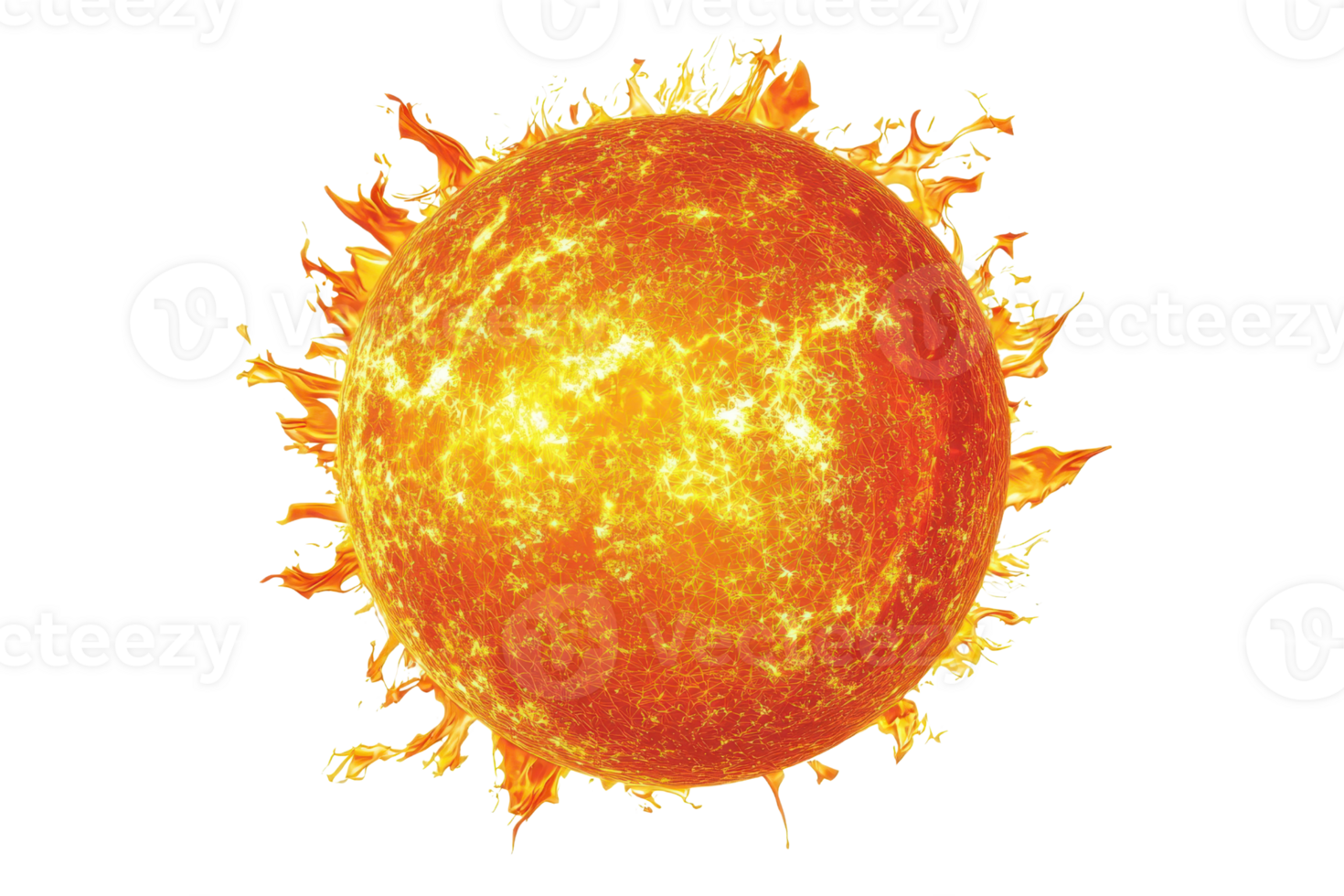 High-resolution image of the sun with vibrant solar flares, showing details of the fiery surface and corona, perfect for astronomy themes. png