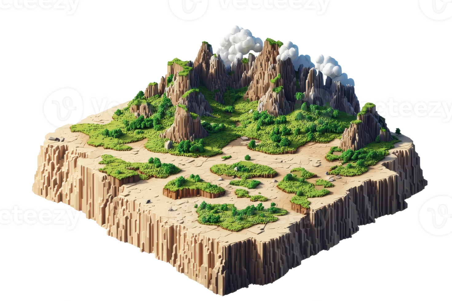 Isometric illustration of a lush, mountainous terrain with green vegetation, rocky cliffs, and scattered clouds in a 3D landscape design. png