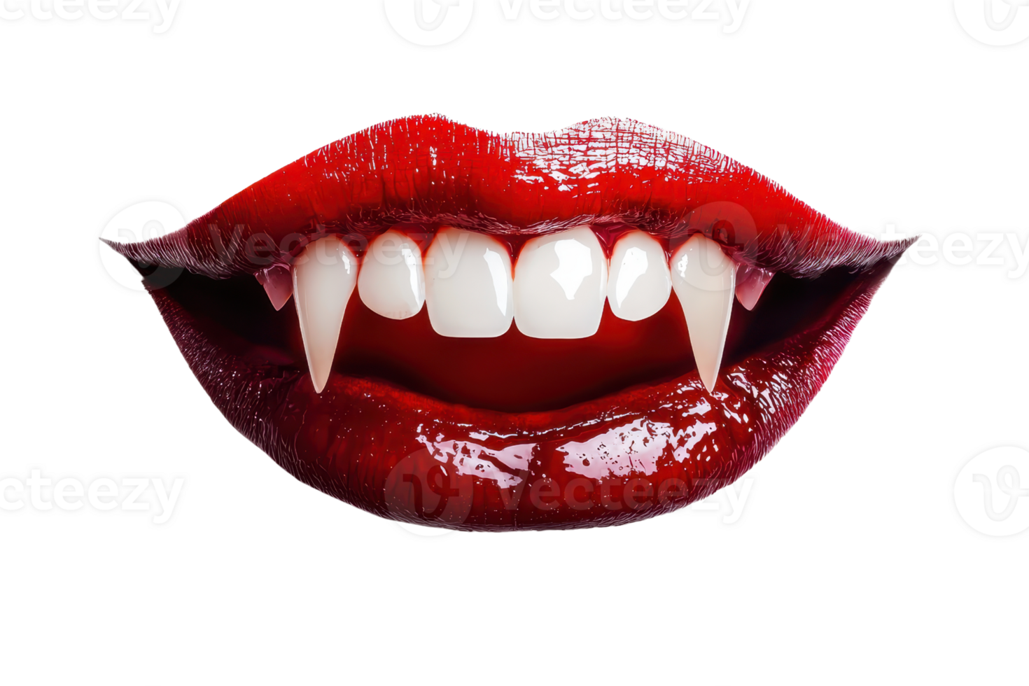 Close-up of vampire fangs with glossy red lips, perfect for Halloween themes. Spooky, seductive, and detailed imagery. png