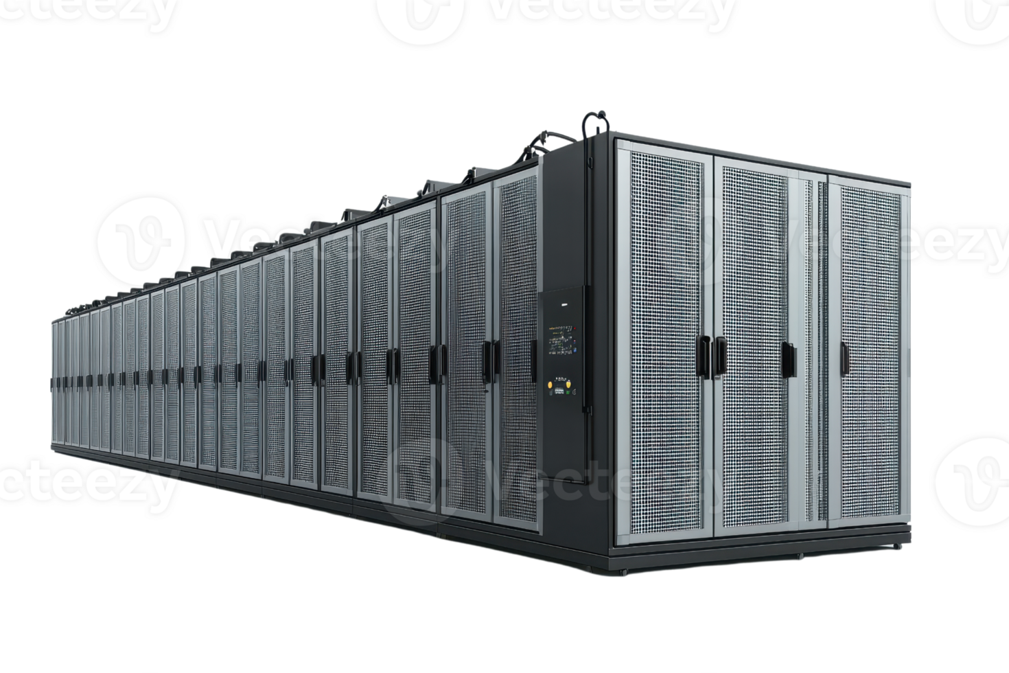 Modern data center with multiple server racks, highlighting advanced technology and data management infrastructure. png