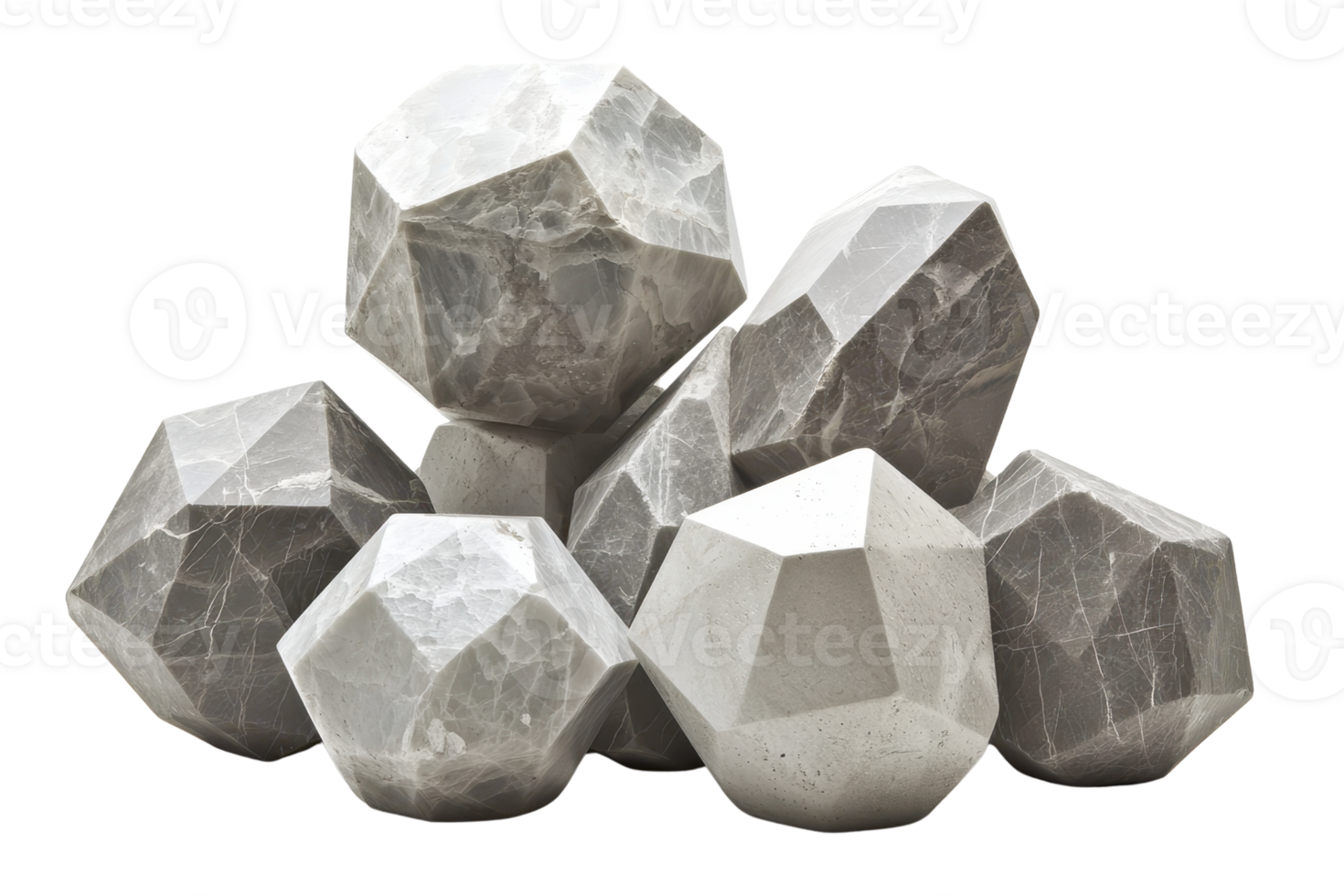 Collection of faceted stones with geometric shapes, showcasing textured surfaces ideal for decoration or design purposes. png