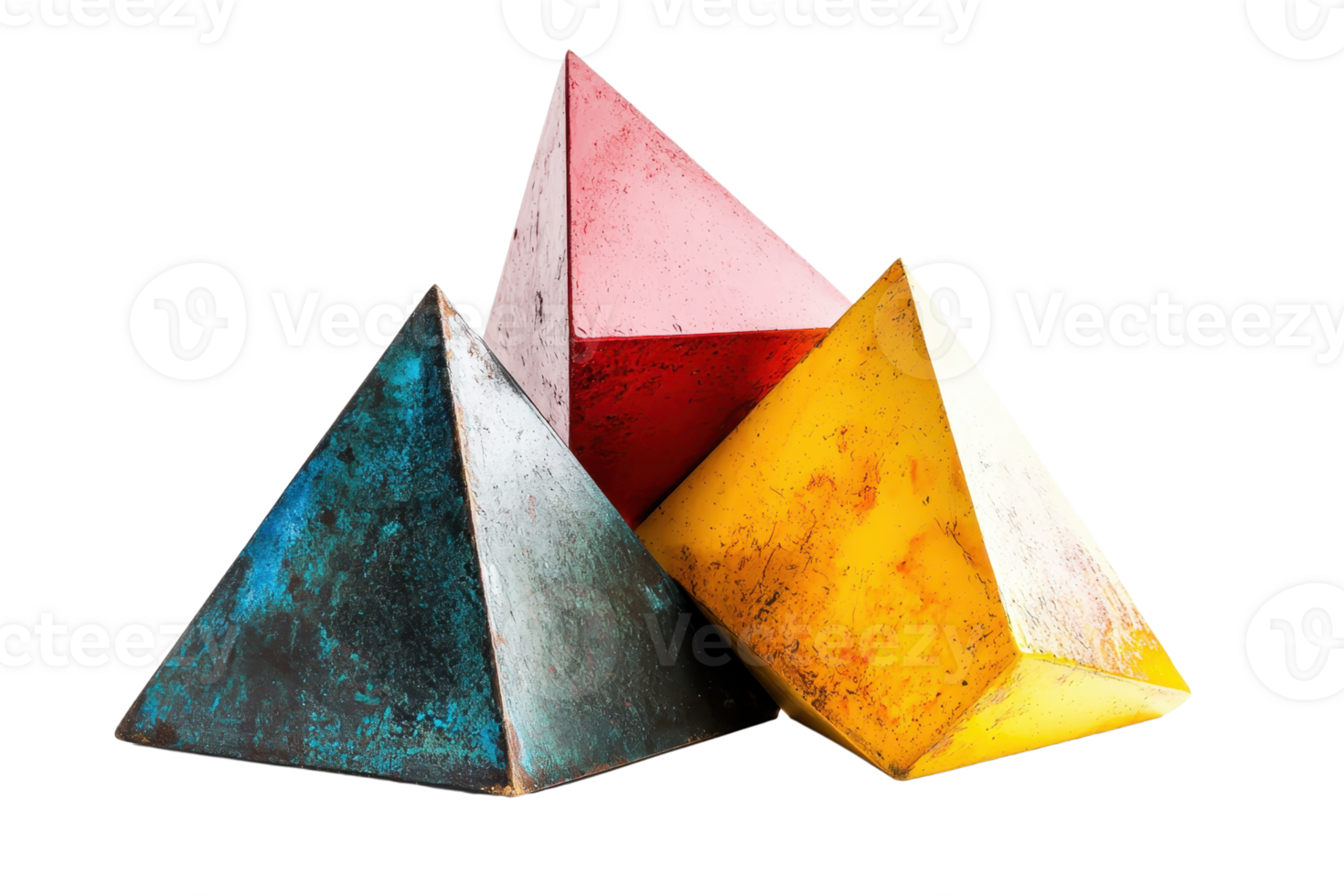Colorful geometric pyramids in an artistic arrangement, showcasing vibrant textures and unique shapes. png