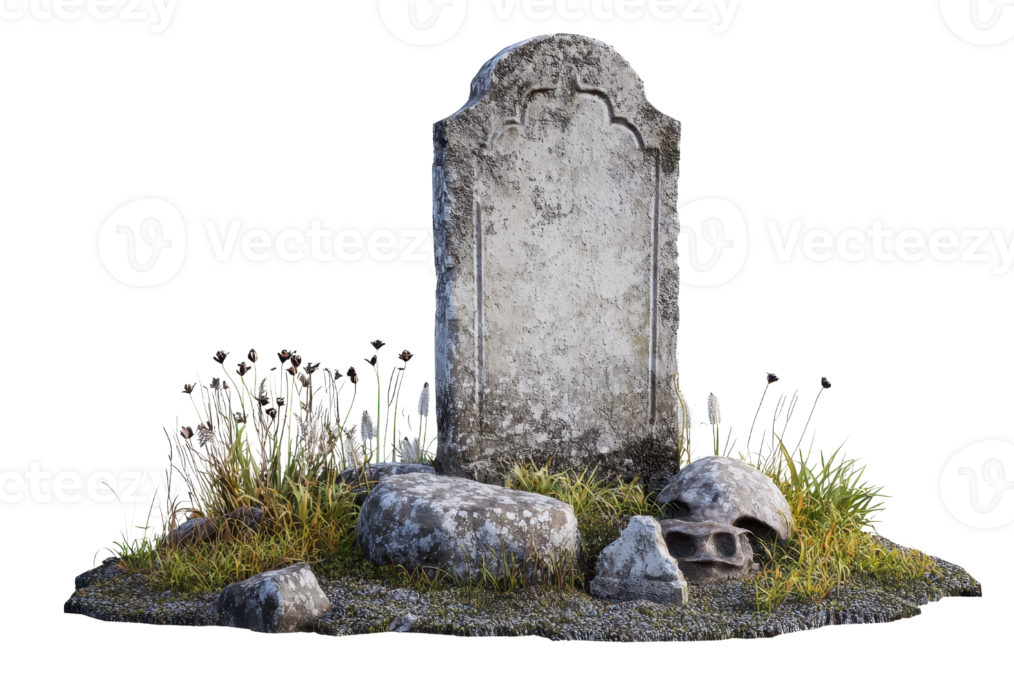 Ancient, weathered gravestone surrounded by rocks and grass, featuring a decaying skull, signifying mystery and history. png